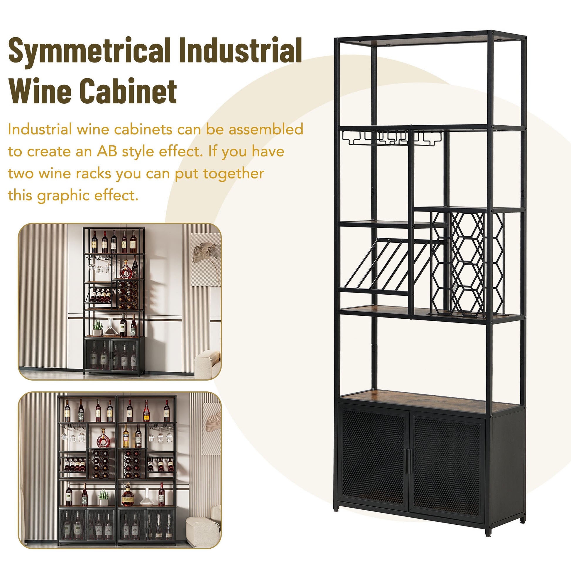 82.7" Industrial Standing Wine Rack With Glass Rack Tall Freestanding Floor Bar Cabinet Walnut Black Dining Room Industrial Mdf Metal