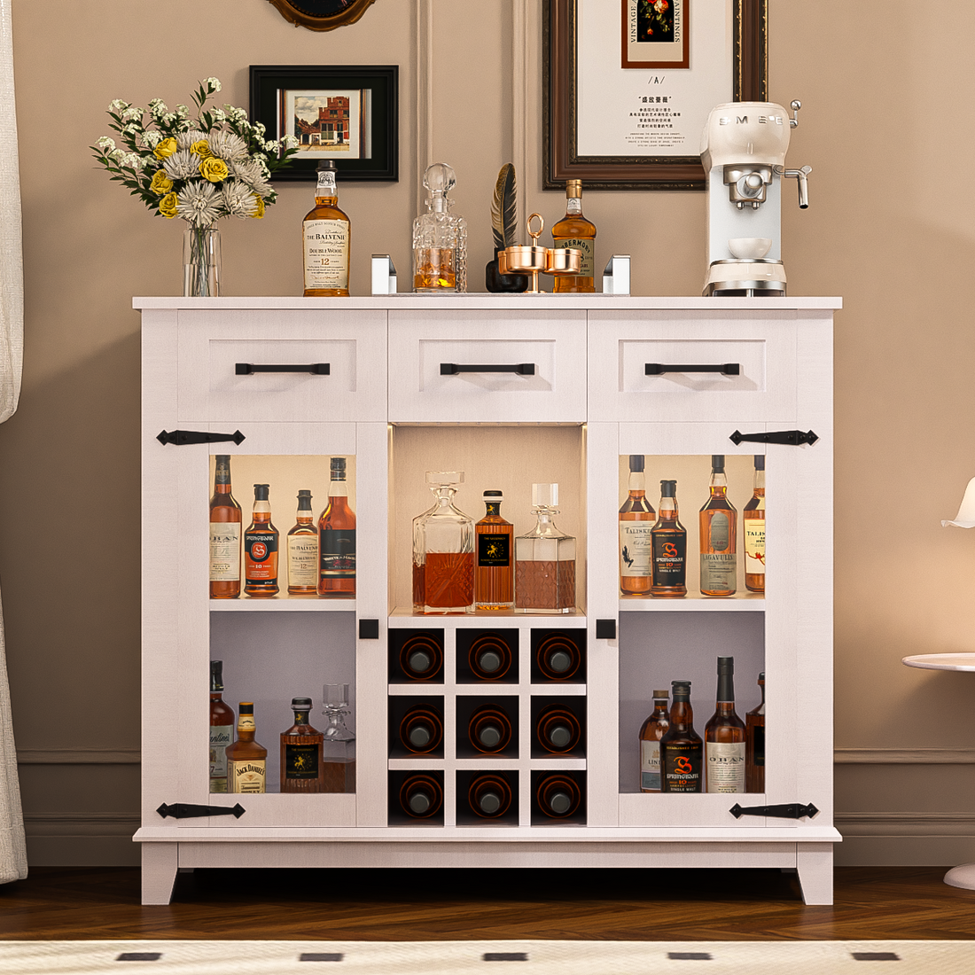 42" Modern Farmhouse Sideboard Buffet Coffee Bar Cabinet Storage Cabinet With Led Charging Station, Wine & Glass Rack,3 Drawers, For Kitchen, Dining Room, Living Room Antique White White Classic Mdf