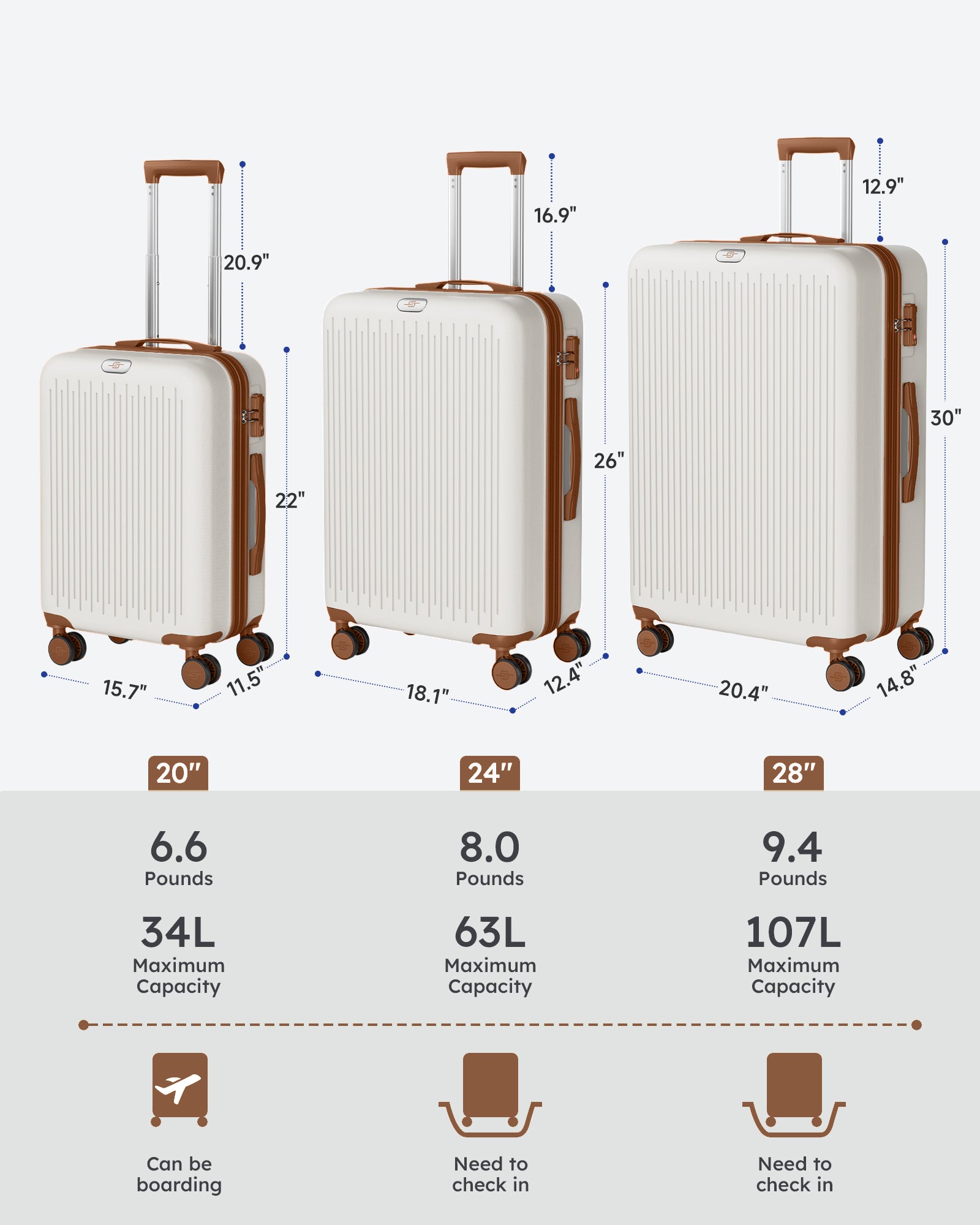 3 Pieces Set Luggage Hard Sided Expandable Luggage With Tsa Lock Travel Essentials Suitcase With Spinner Wheels Brown White Abs