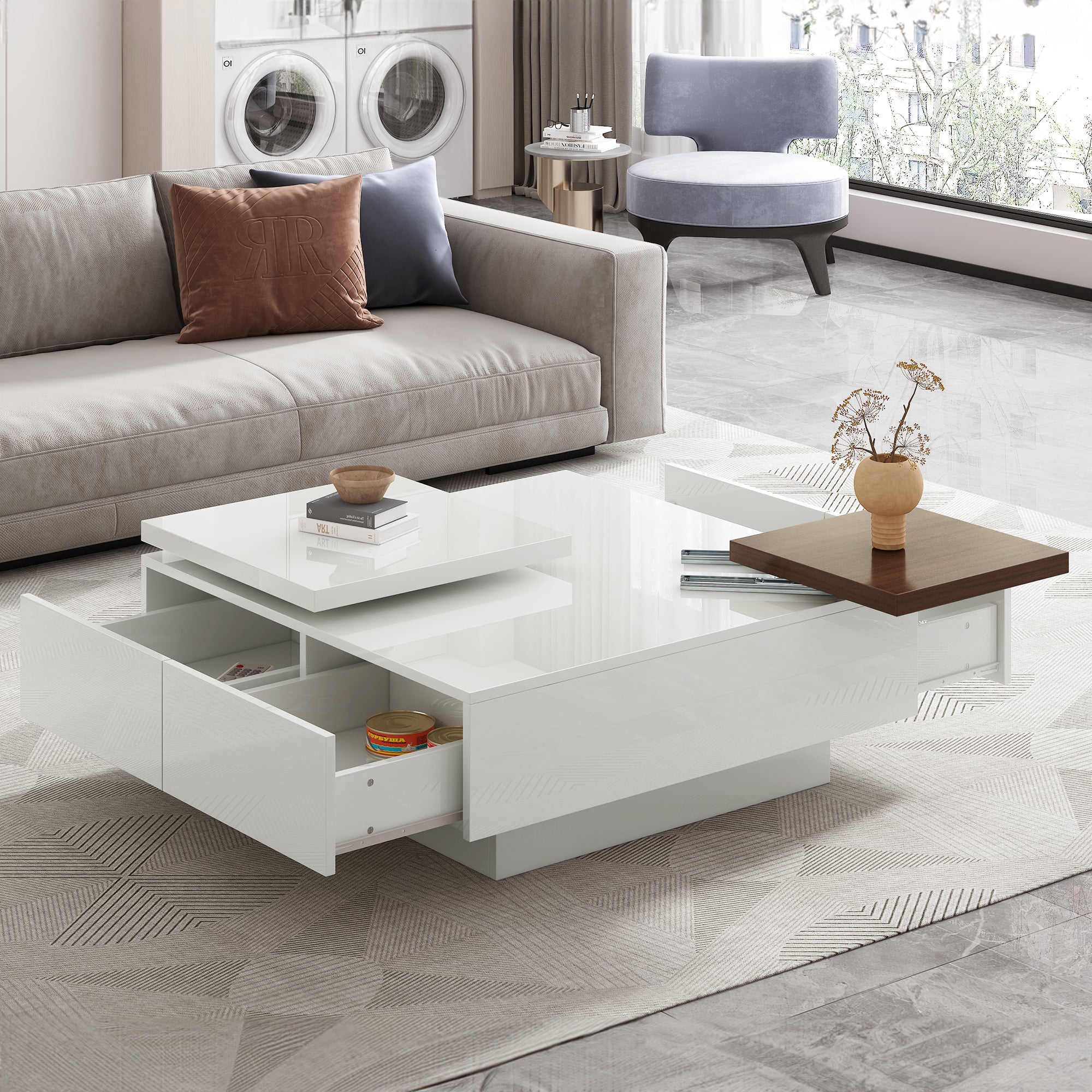 Movable Top Coffee Table, Modern Square Wood Coffee Table With High Gl