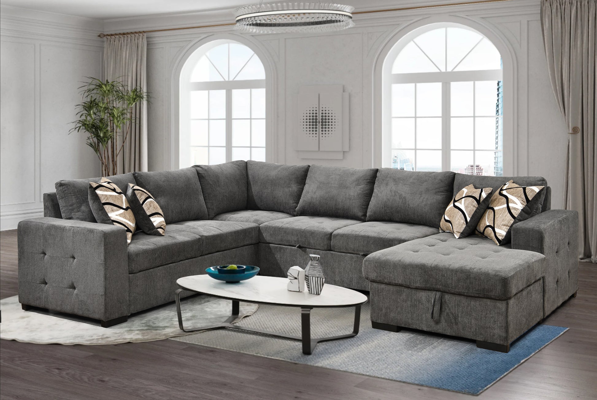 123" Oversized Sectional Sofa With Storage Chaise, U Shaped Sectional Couch With 4 Throw Pillows For Large Space Dorm Apartment. Charcoal Grey Light Brown Wood Primary Living Space Medium Duty