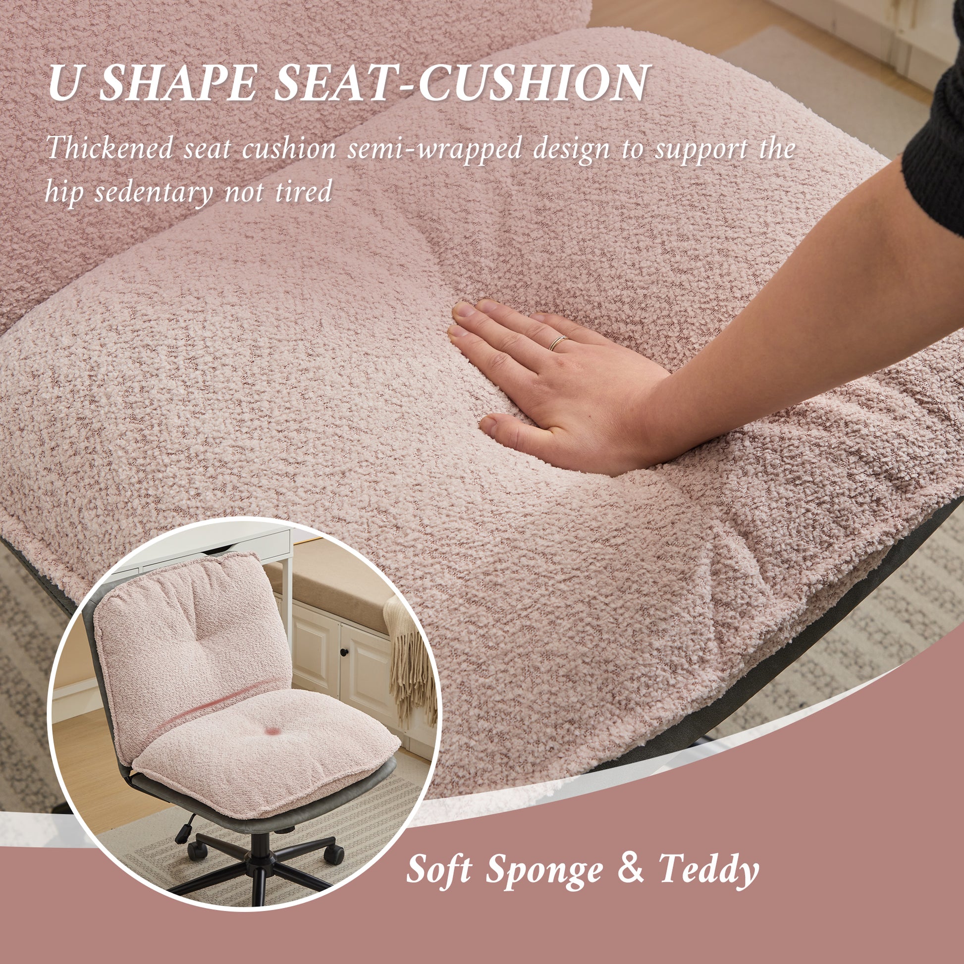 Oversize Seat Cirss Cross Chair With Wheels, Elegant Design Computer Chair, Adjustable Height 360 Rolling Swivel Home Office Chair For Small Space, Dressing Room, Living Room Gray Pink Pink Grey Primary Living Space Casual Foam Pu Leather