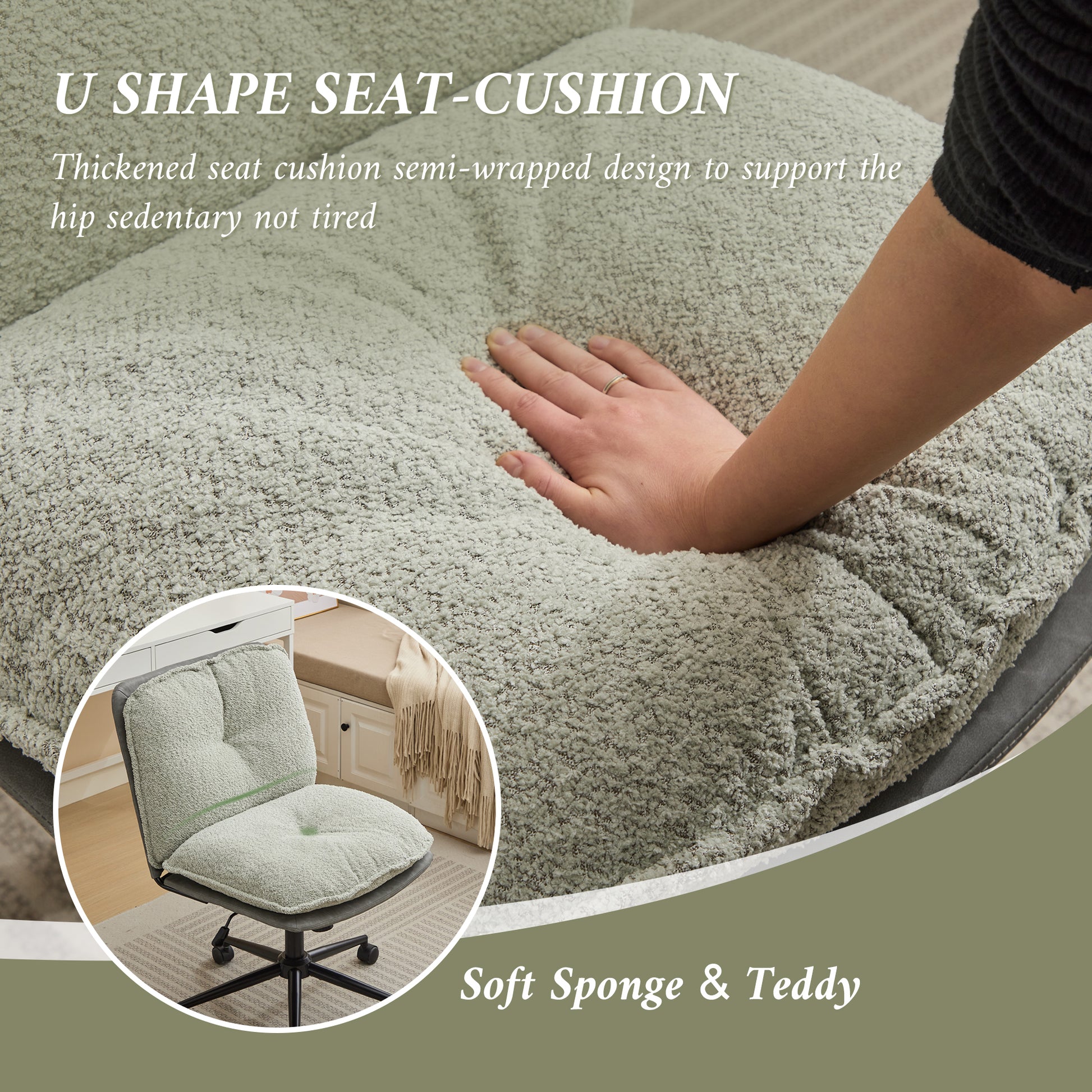 Oversize Seat Cirss Cross Chair With Wheels, Elegant Design Computer Chair, Adjustable Height 360 Rolling Swivel Home Office Chair For Small Space, Dressing Room, Living Room Gray Green Gray Primary Living Space Casual Foam Pu Leather