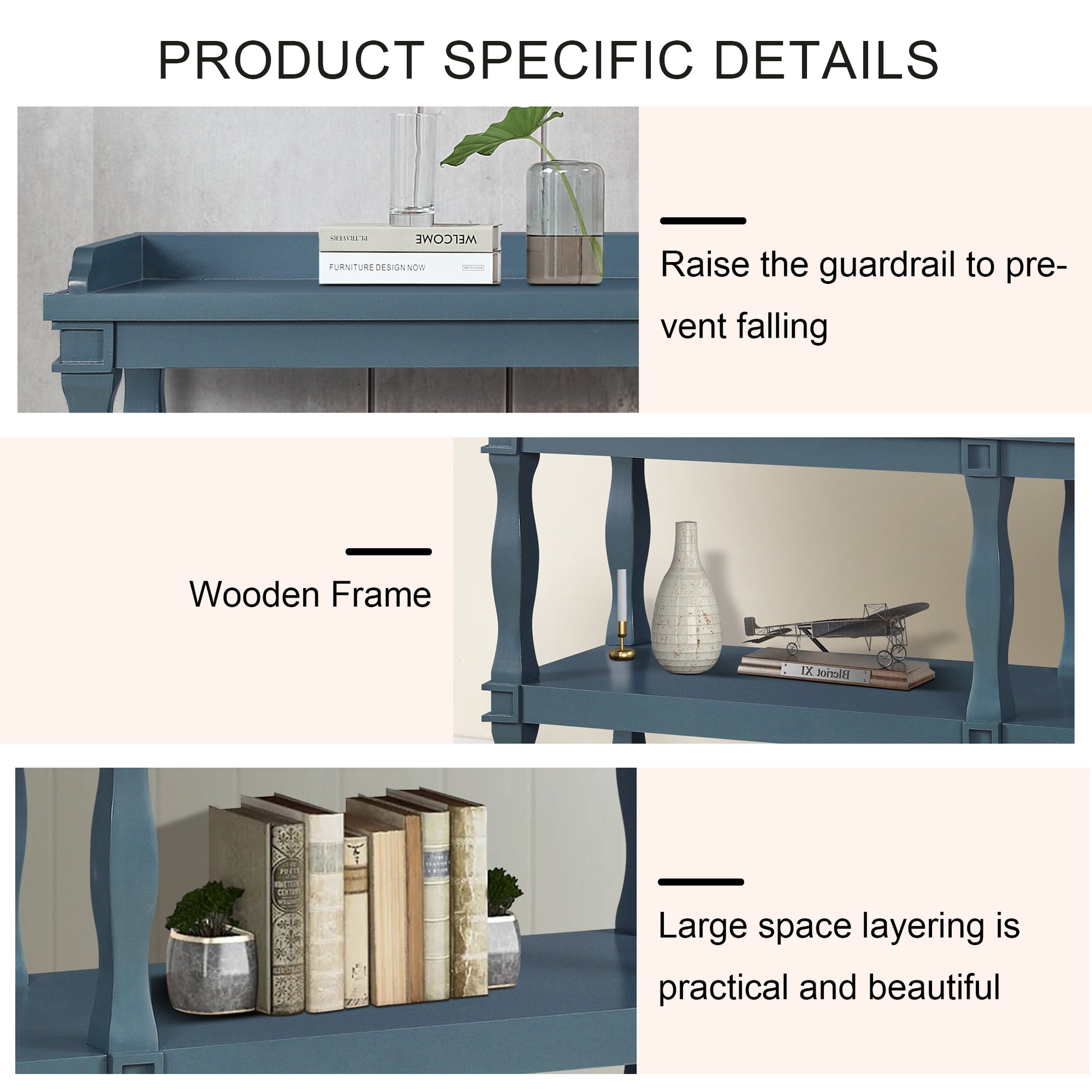 Console Table With 3 Tier Open Storage Spaces And Roman Column Effect Support Legs,Narrow Sofa Entry Table For Living Room, Entryway And Hallway Navy Blue Navy Blue Primary Living Space Floor Mount Open Storage Console Tables Glossy Mdf Mdf