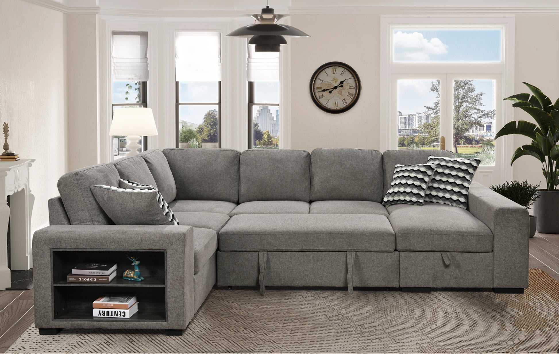 125'' Modern U Shaped 7 Seat Sectional Sofa Couch With Cabinet,Sofa Bed With Storage Chaise Pull Out Couch Bed For Living Room,Light Gray Light Brown Wood Primary Living Space Medium Duty Eucalyptus 7 Seat Light Gray Polyester Soft Pillow Back Modern