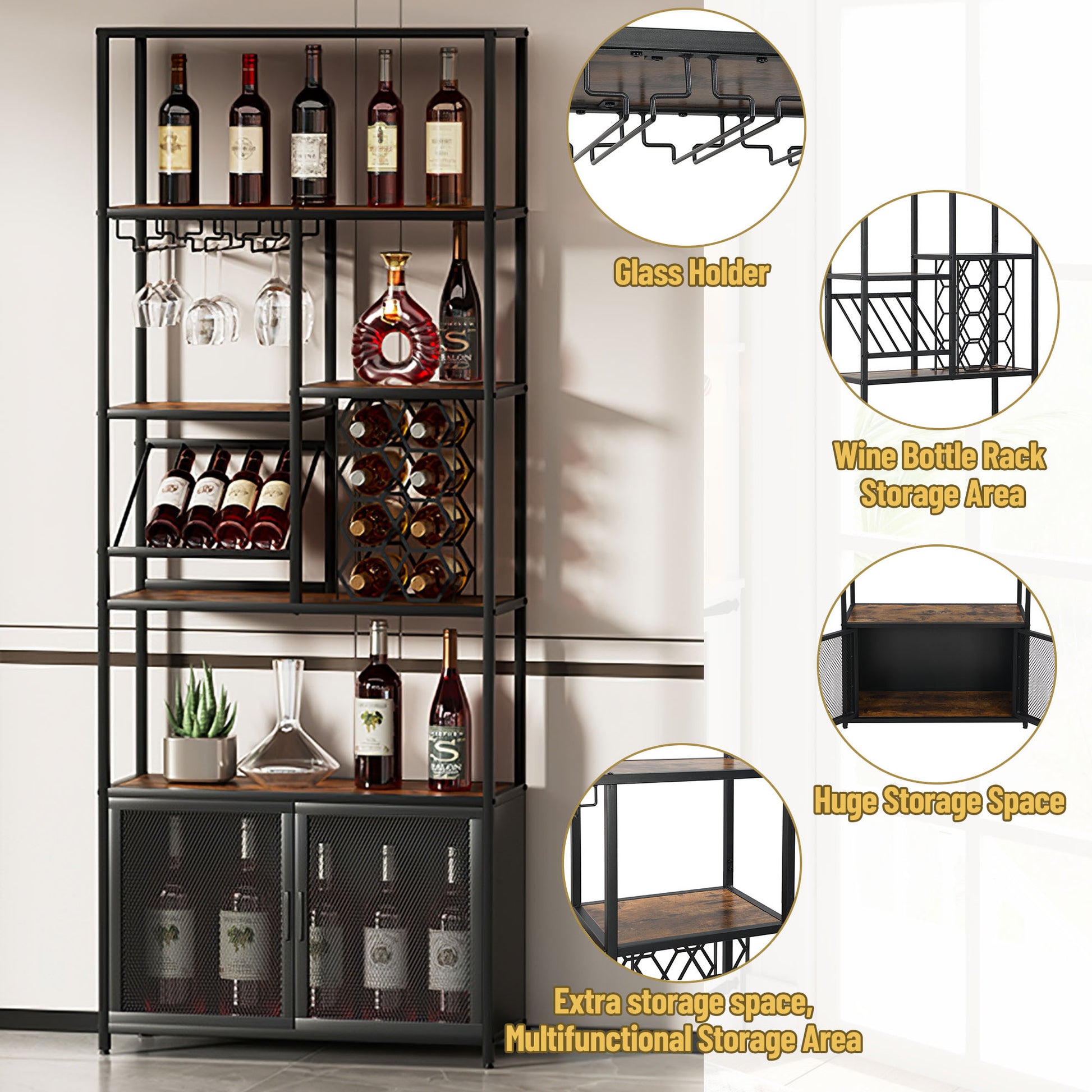 82.7" Industrial Standing Wine Rack With Glass Rack Tall Freestanding Floor Bar Cabinet Walnut Black Dining Room Industrial Mdf Metal