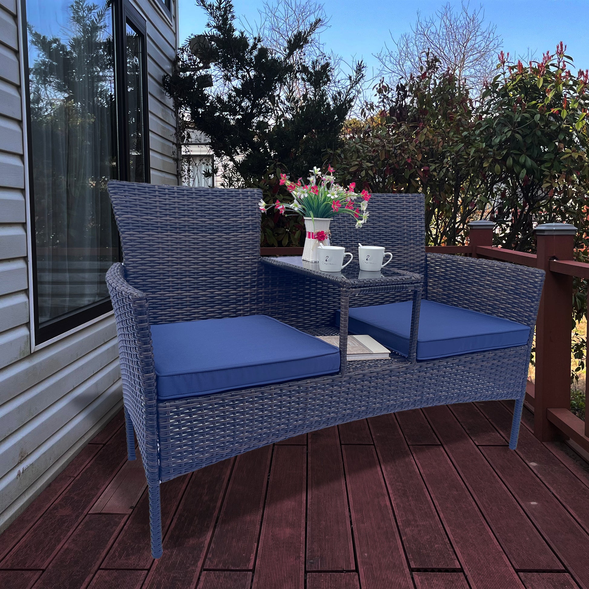 Wicker Patio Conversation Furniture Set, Outdoor Furniture Set With Removable Cushions & Table, Tempered Glass Top, Modern Rattan Bench For Garden Lawn Backyard Yes Complete Patio Set Blue Brown Weather Resistant Frame Water Resistant Cushion Garden &