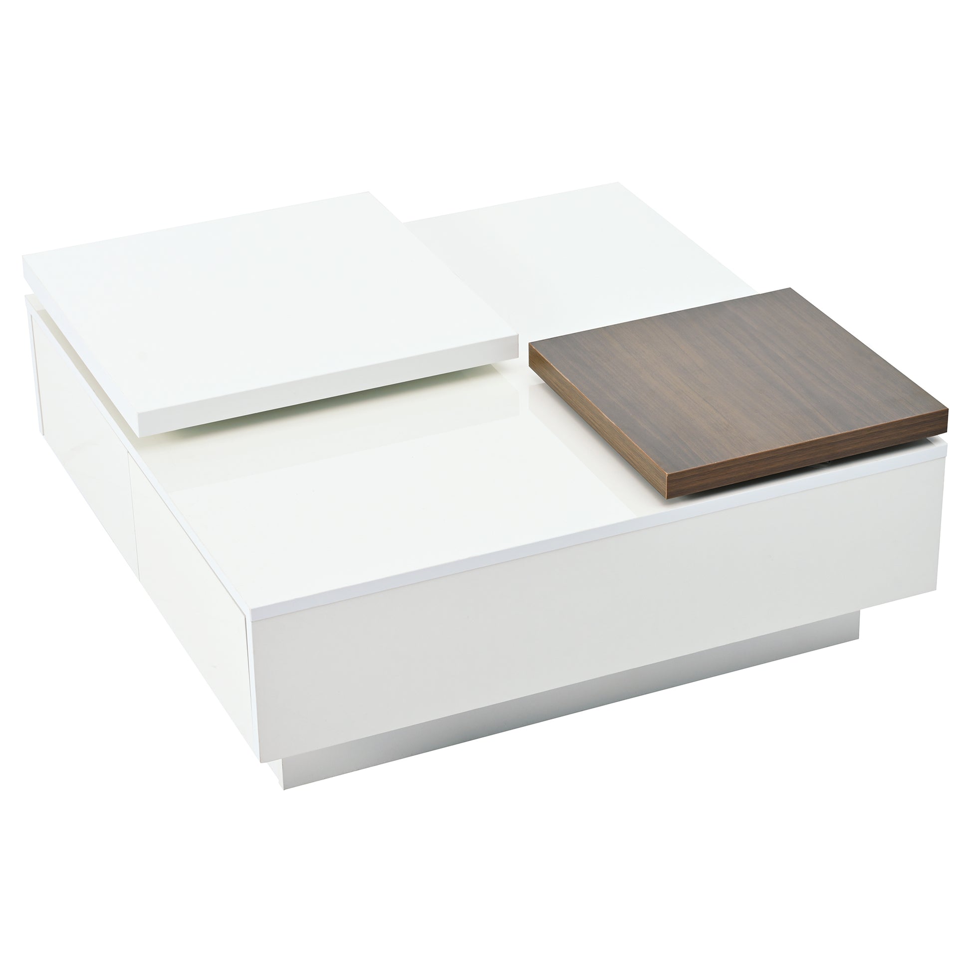 Movable Top Coffee Table, Modern Square Wood Coffee Table With High Gloss Finish, 4 Hidden Storage Drawers For Living Room White Mdf