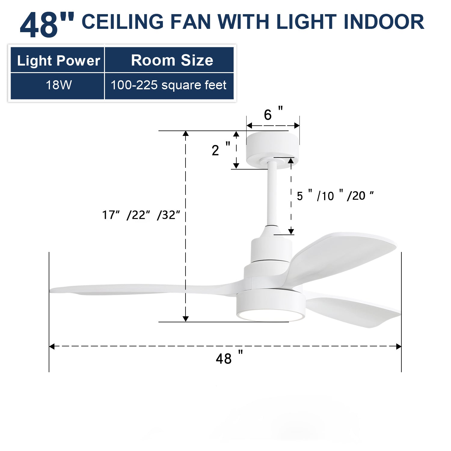 48 Inch Indoor Wood With 3 Solid Wood Blades Remote Control Reversible Dc Motor For Living Room White Metal & Wood