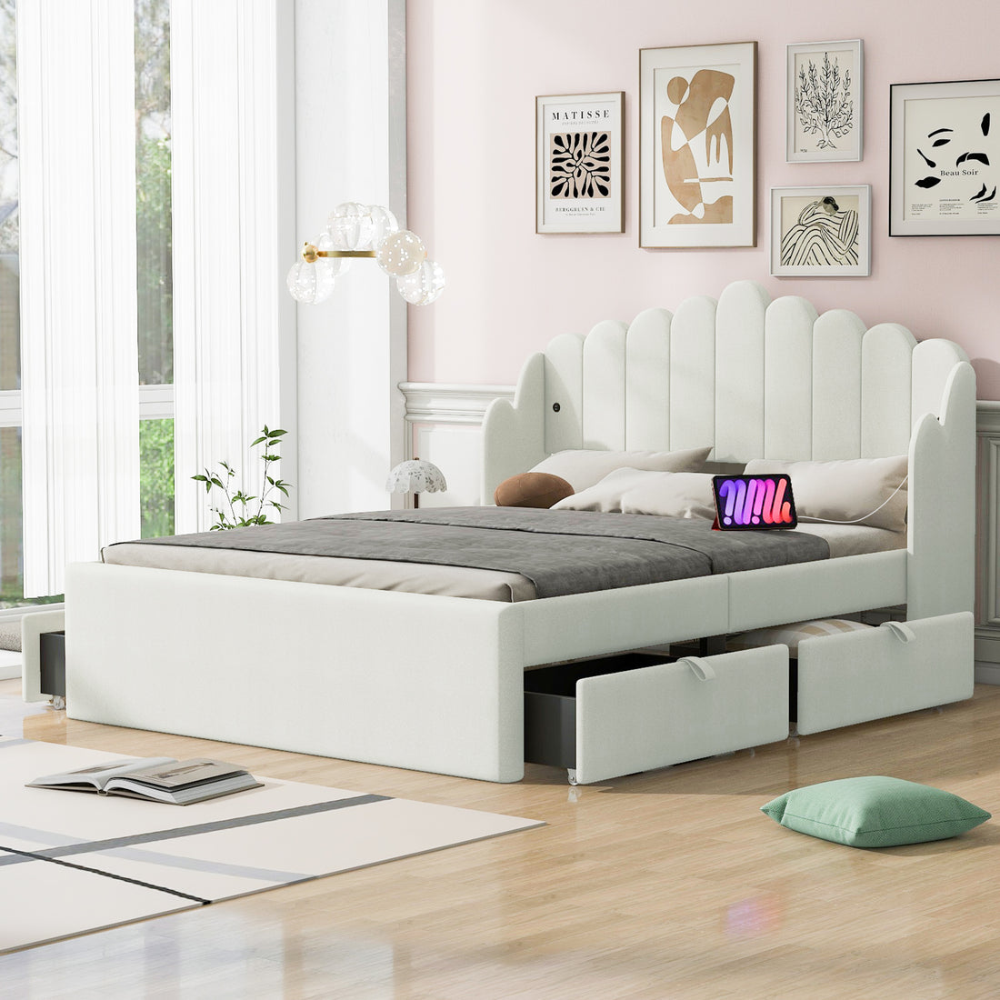 Full Size Upholstered Platform Bed With 4 Drawers And 2 Usb, Beige Box Spring Not Required Full Beige Wood Bedroom Bed Frame Polyester Upholstered