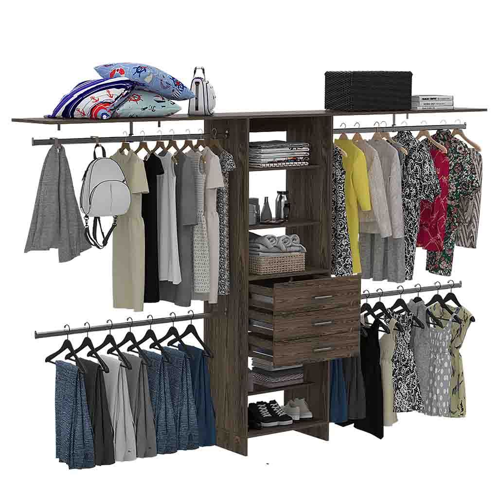 Plego 69"W 118"W Drawers Closet System, Five Shelves, Four Hanging Rods, Three Drawers Dark Walnut Black Particle Board Particle Board