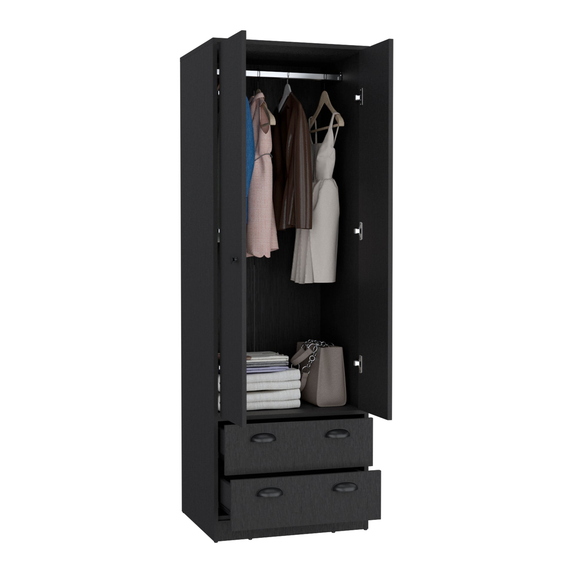 Armoire 70"H With 2 Drawers And 2 Doors, Black Black Bedroom Modern Particle Board Particle Board