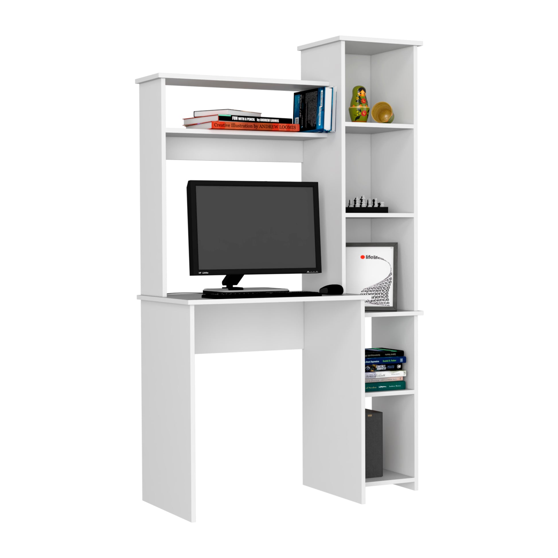 Aramis Desk, Five Shelves, Two Superior Shelves, White White Particle Board Particle Board