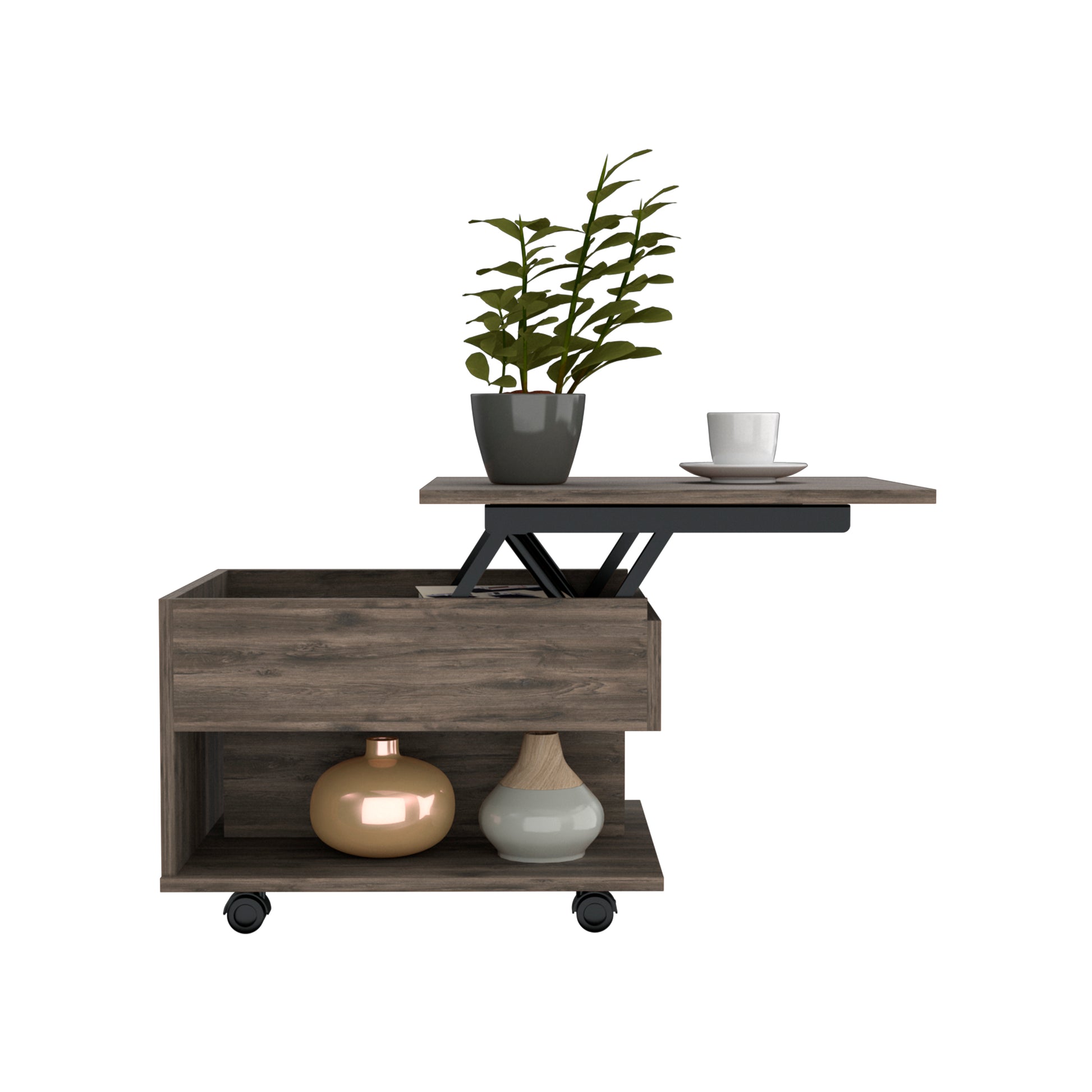 15" H Dark Brown Oak Coffee Table, 4 Brake Wheels, Lifting Top That Allows Storage Inside The Table, 1 Lower Shelf And 1 Vertical Division That Allows You To Decorate With Photos, And Design Books Brown Particle Board Particle Board