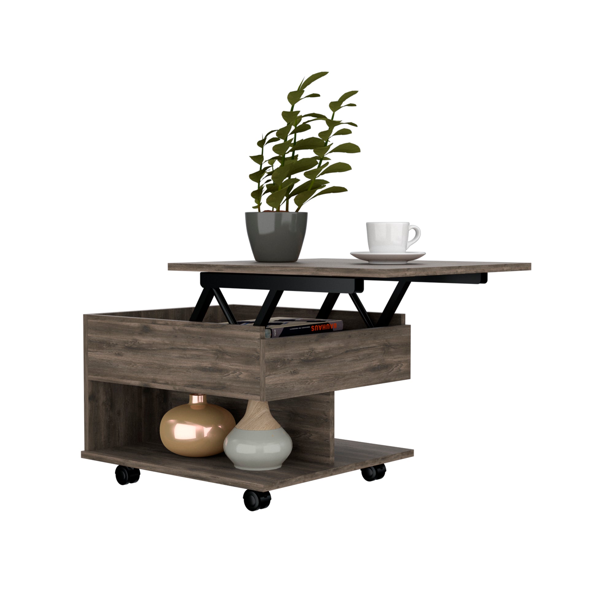 Lift Top Coffee Table, Casters, One Shelf, Dark Brown Brown Particle Board Particle Board