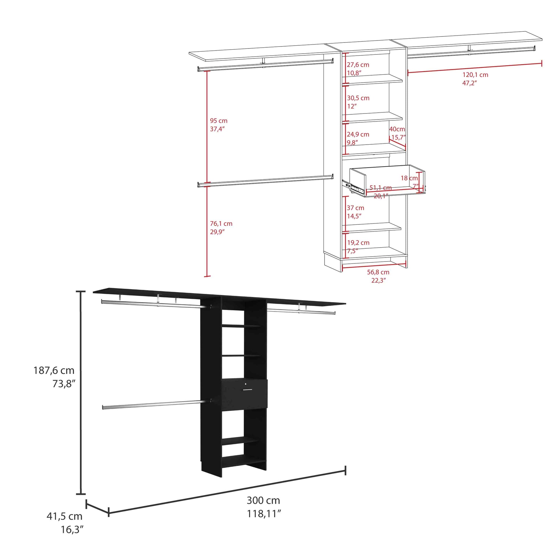 Plego 70"W 118"W Drawers Closet System, One Drawer,Three Hanging Rods, Five Shelves Black Black Particle Board Particle Board