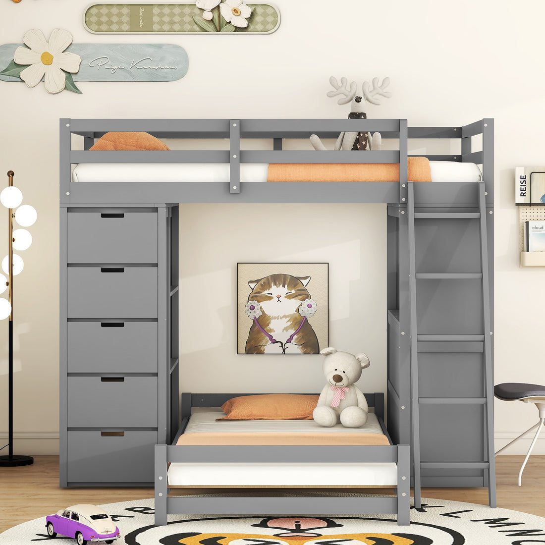 Twin Over Twin Bunk Bed With Led Light And Usb Ports, Gray Twin Gray Plywood