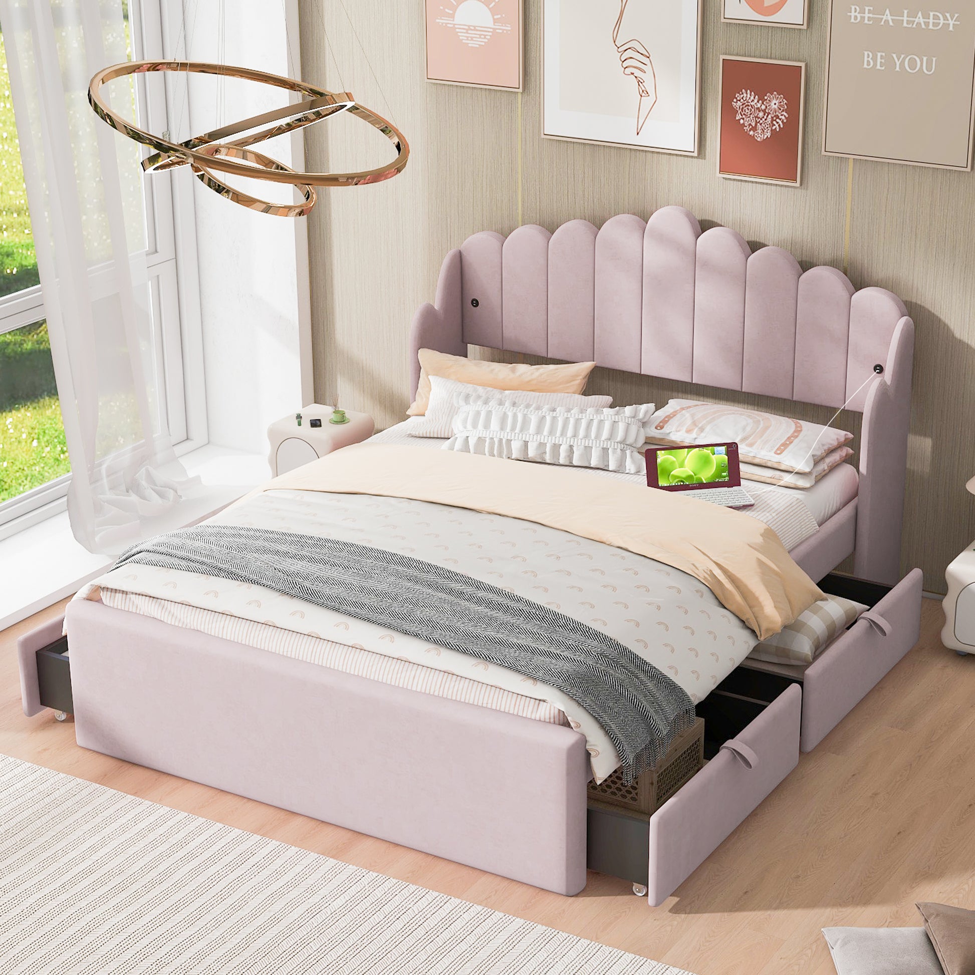 Full Size Upholstered Platform Bed With 4 Drawers And 2 Usb, Pink Box Spring Not Required Full Pink Wood Bedroom Bed Frame Polyester Upholstered