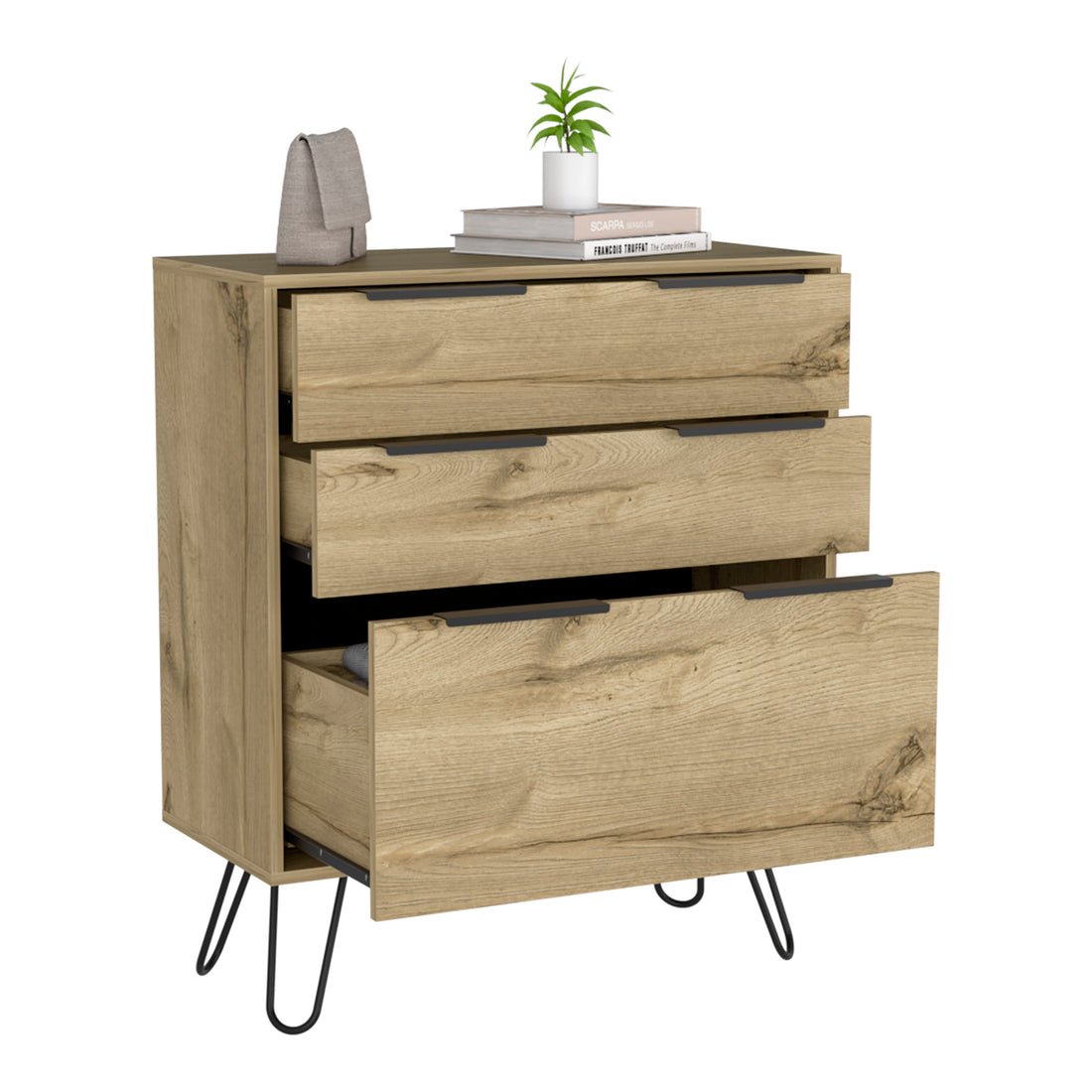 Light Dresser 35"H, Three Drawers, Superior Top, Hairpin Legs, Light Oak Beige Particle Board Particle Board