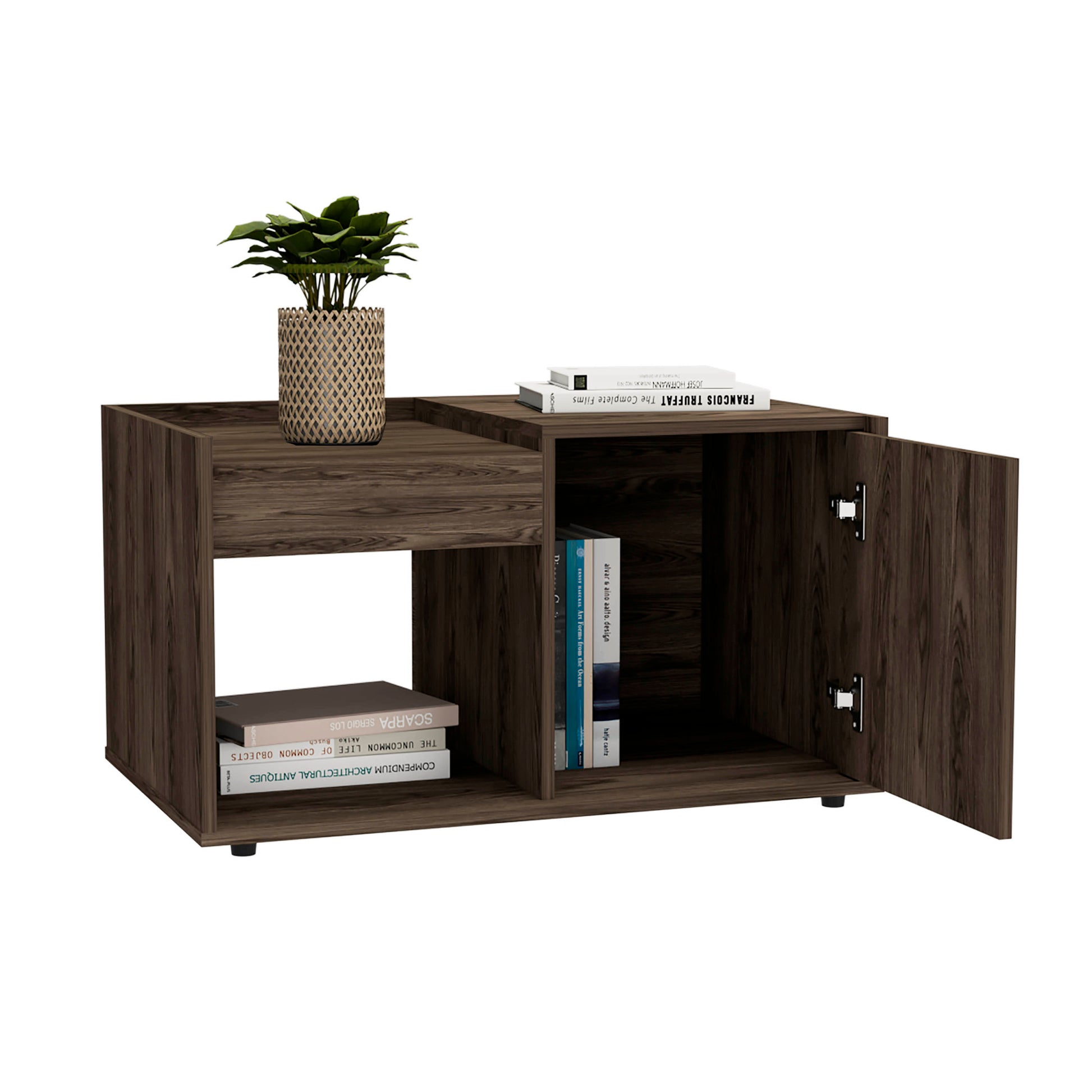 Coffee Table, One Open Shelf, Single Door Cabinet, Dark Walnut Brown Particle Board Particle Board