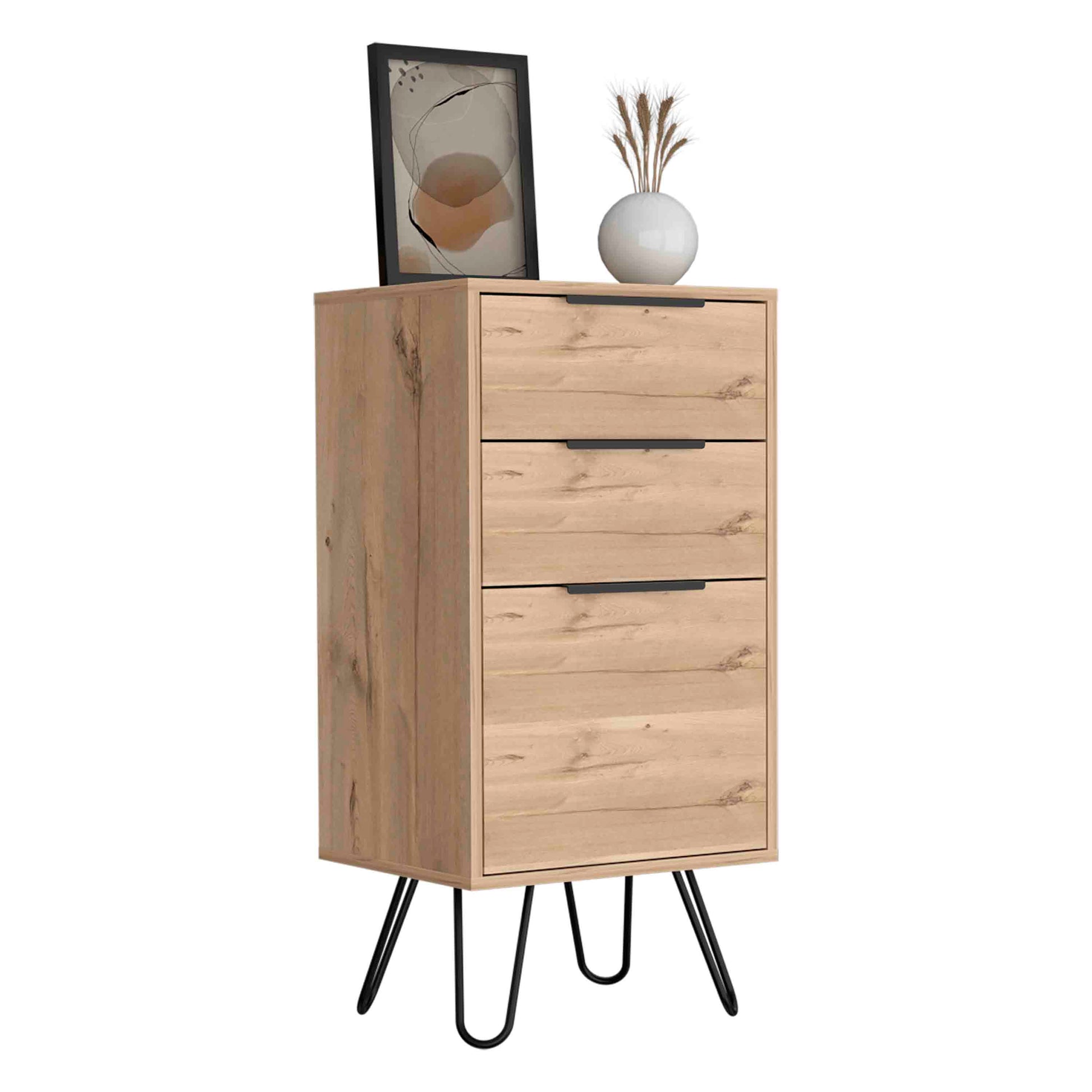 Light Dresser 35"H, 17"W, Superior Top,Three Drawers, Hairpin Legs, Light Oak Beige Particle Board Particle Board