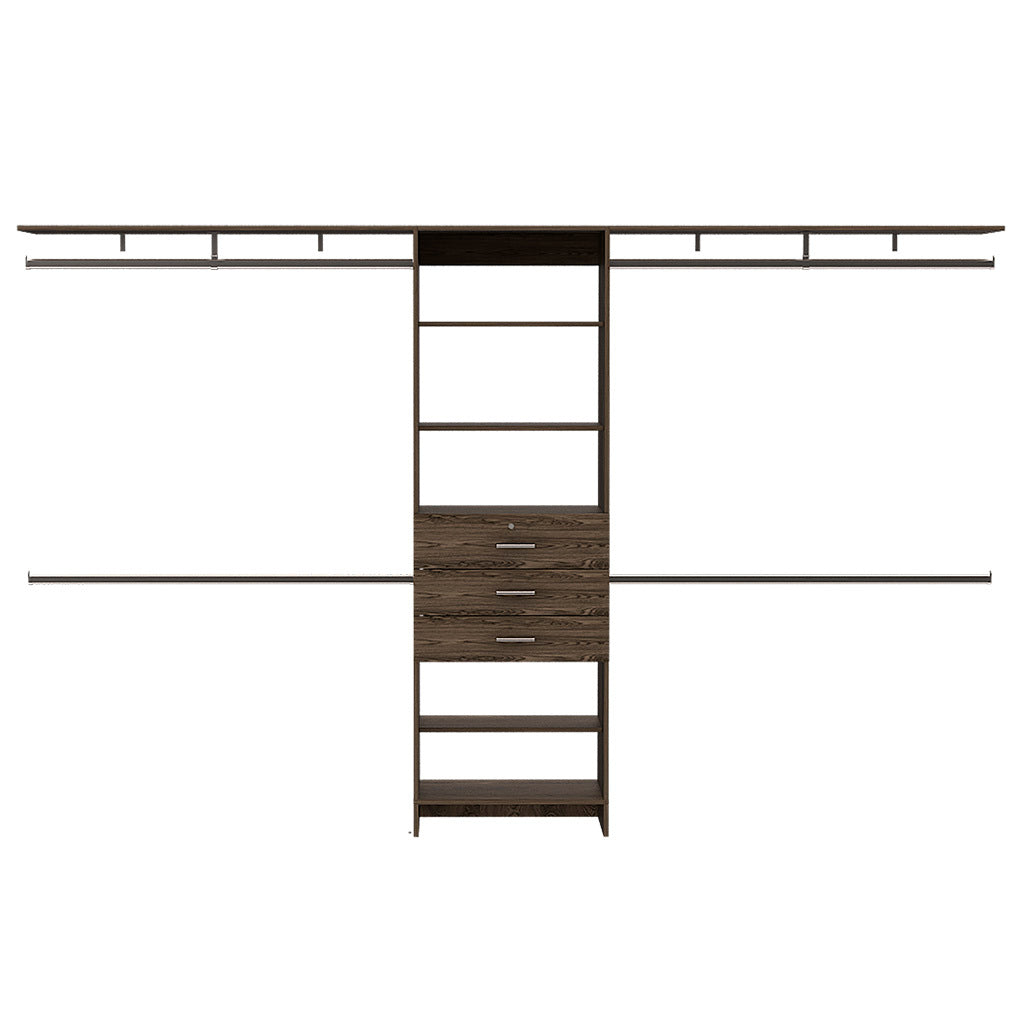 Plego 69"W 118"W Drawers Closet System, Five Shelves, Four Hanging Rods, Three Drawers Dark Walnut Black Particle Board Particle Board