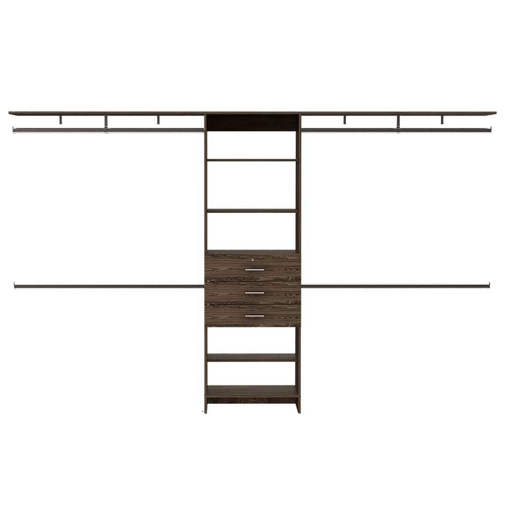 Plego 69"W 118"W Drawers Closet System, Five Shelves, Four Hanging Rods, Three Drawers Dark Walnut Black Dark Walnut Particle Board Particle Board