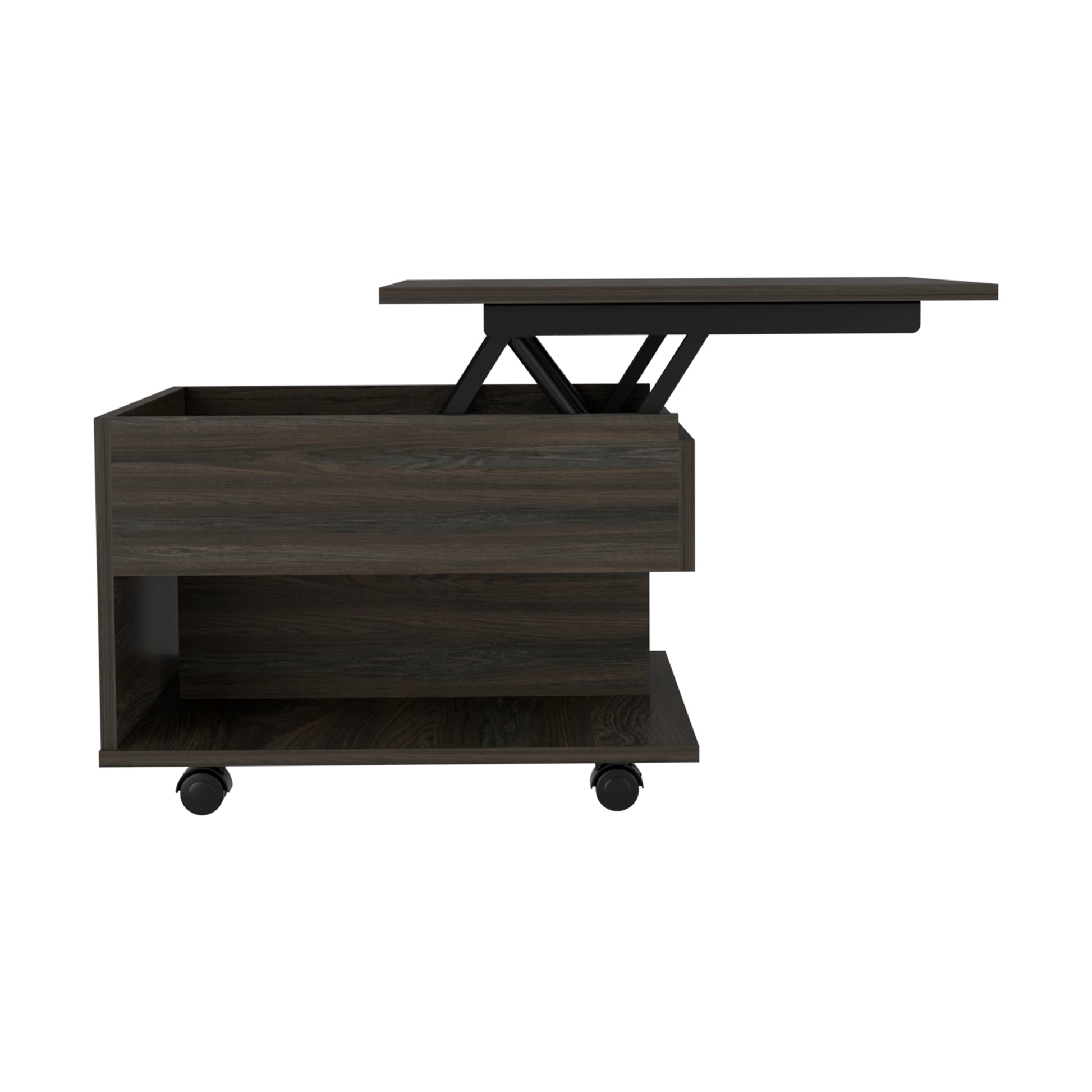 15" H Carbon Espresso Coffee Table, 4 Brake Wheels, Lifting Top That Allows Storage Inside The Table, 1 Lower Shelf And 1 Vertical Division That Allows You To Decorate With Photos, And Design Books. Brown Particle Board Particle Board