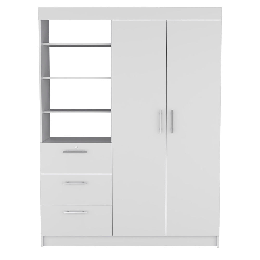 Kenya 3 Drawers Armoire, Double Door, 3 Tier Shelf White White Particle Board Particle Board