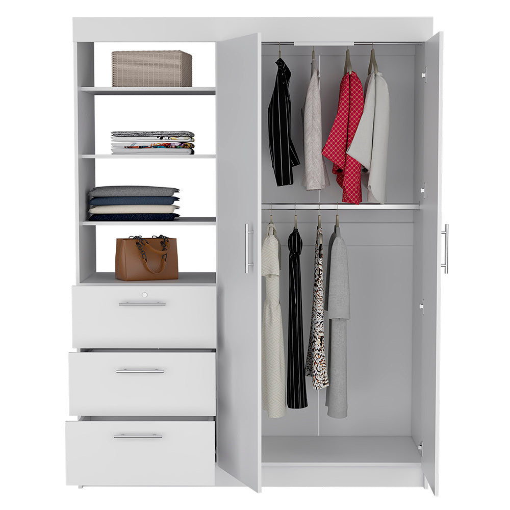 Kenya 3 Drawers Armoire, Double Door, 3 Tier Shelf White White Particle Board Particle Board