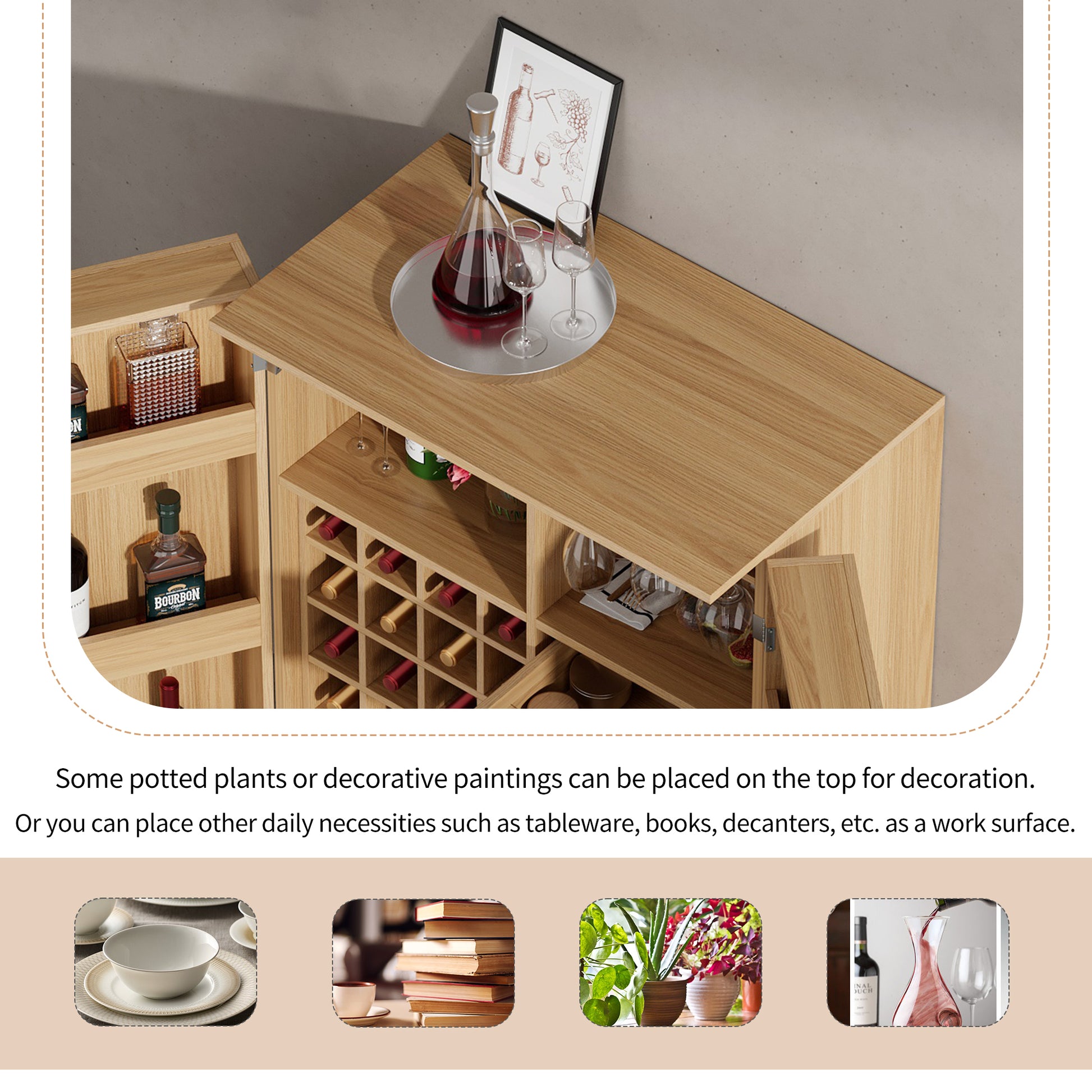 42.5" Modern Home Bar Cabinet Carved Wine Cabinet With Storage Natural Dining Room Contemporary Mdf