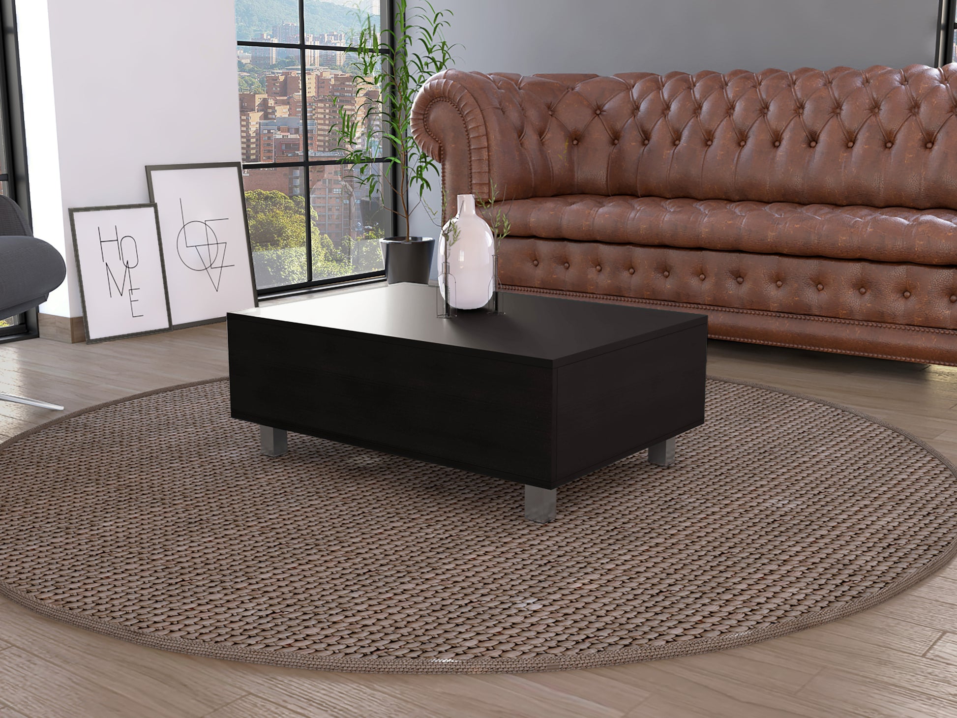 Aran Lift Top Coffee Table, Storage Compartment, Black Black Particle Board Particle Board