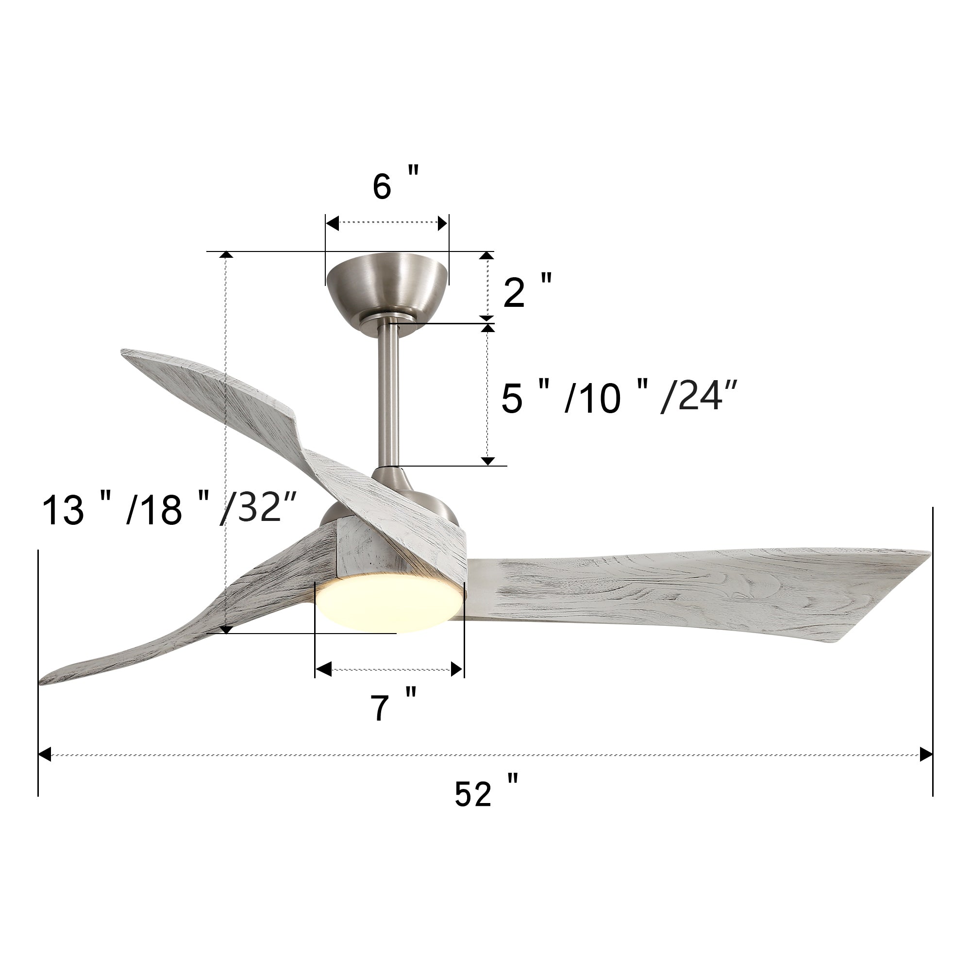 52 Inch Brushed Nickel Ceiling Fan Light With 6 Speed brushed nickel-metal & wood