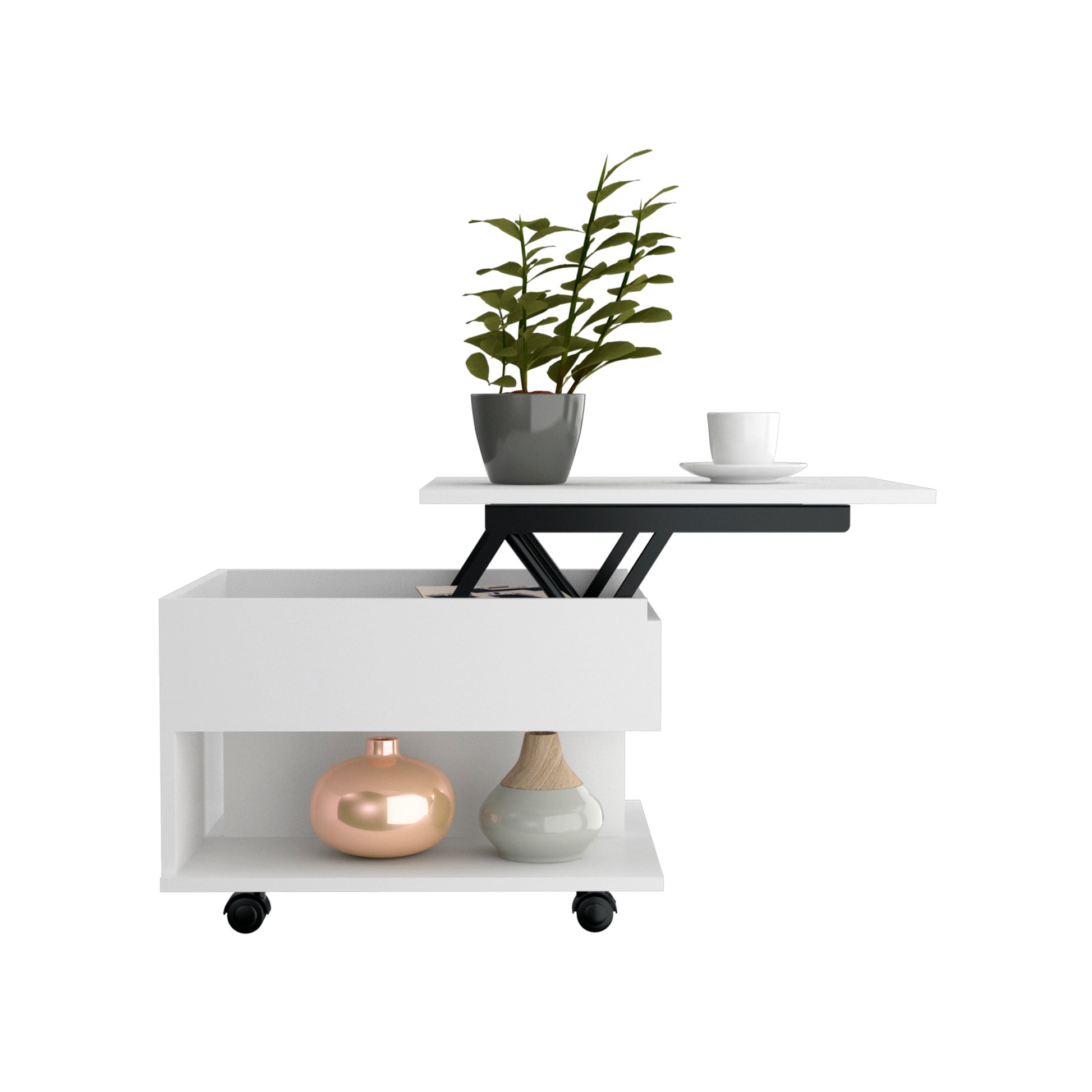 Lift Top Coffee Table, Casters, One Shelf, White White Particle Board Particle Board