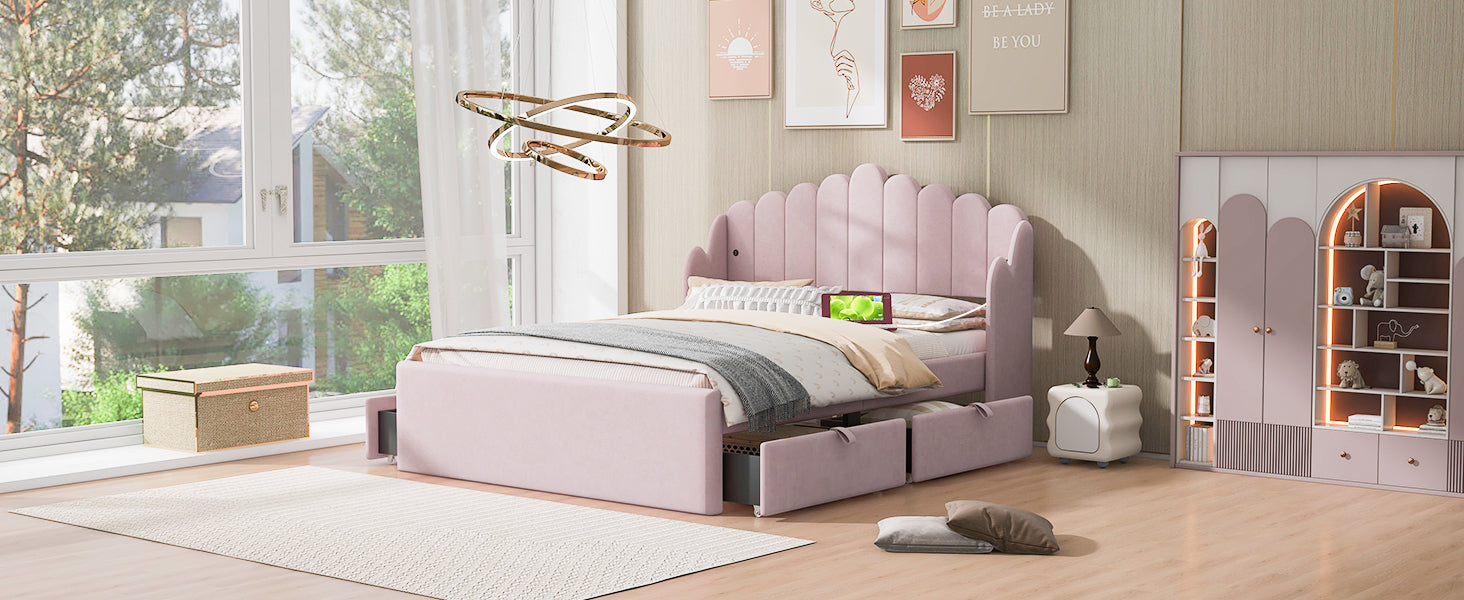 Full Size Upholstered Platform Bed With 4 Drawers And 2 Usb, Pink Box Spring Not Required Full Pink Wood Bedroom Bed Frame Polyester Upholstered