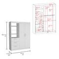 Kenya 3 Drawers Armoire, Double Door, 3 Tier Shelf White White Particle Board Particle Board