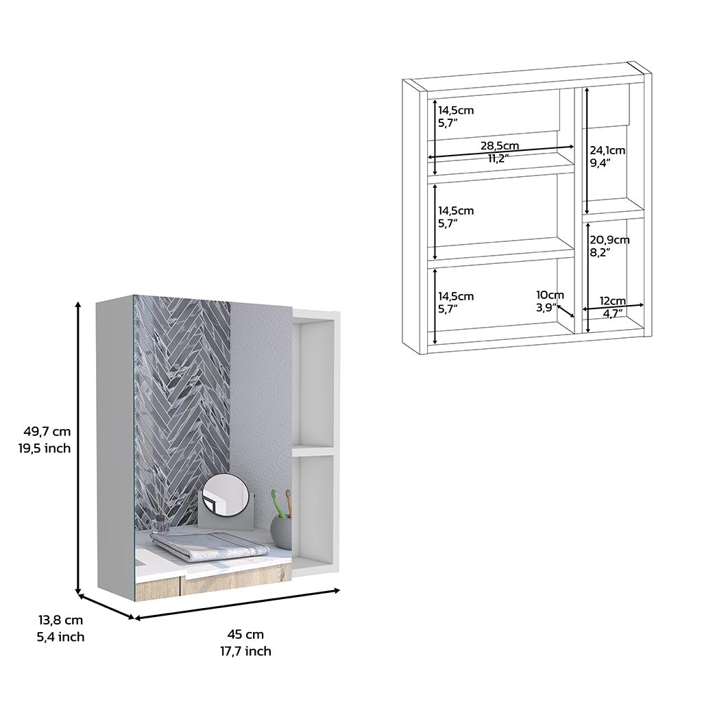 Medicine Single Door Cabinet 19" H With Mirror, Five Interior Shelves, White White Particle Board Particle Board