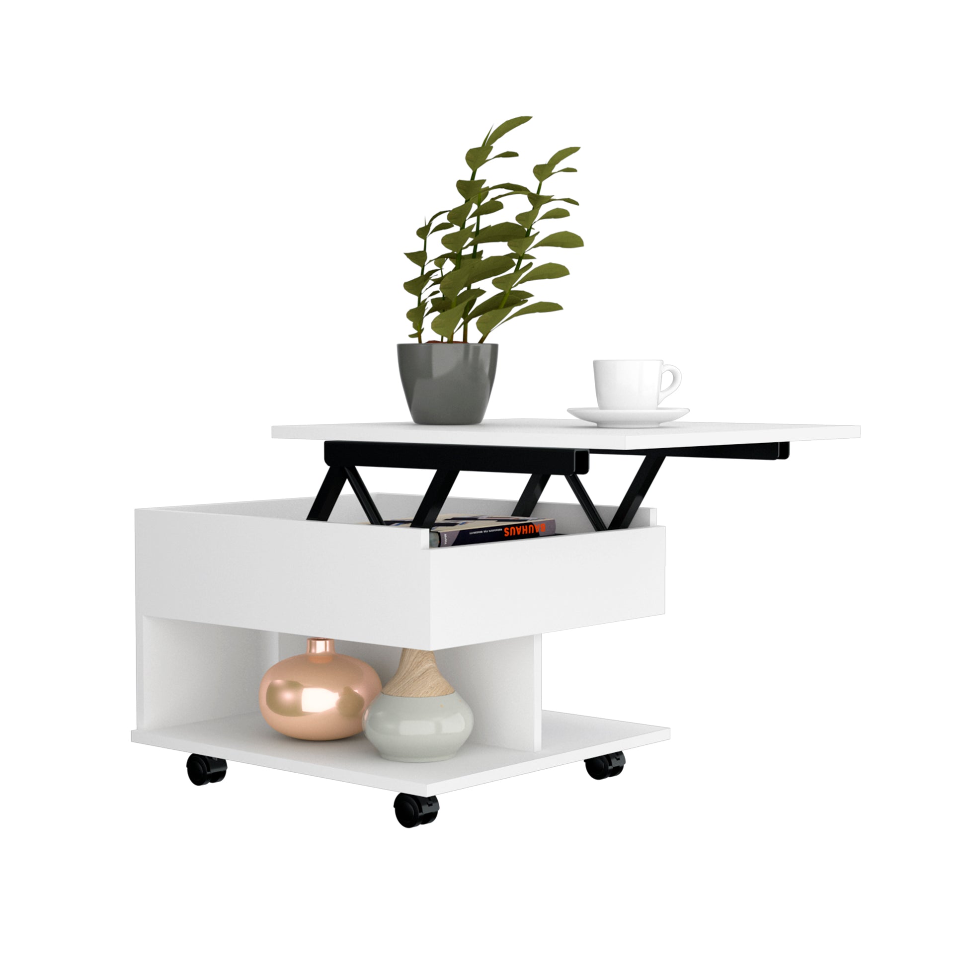 15" H White Coffee Table, 4 Brake Wheels, Lifting Top That Allows Storage Inside The Table, 1 Lower Shelf And 1 Vertical Division That Allows You To Decorate With Photos, Design Books And More. White Particle Board Particle Board