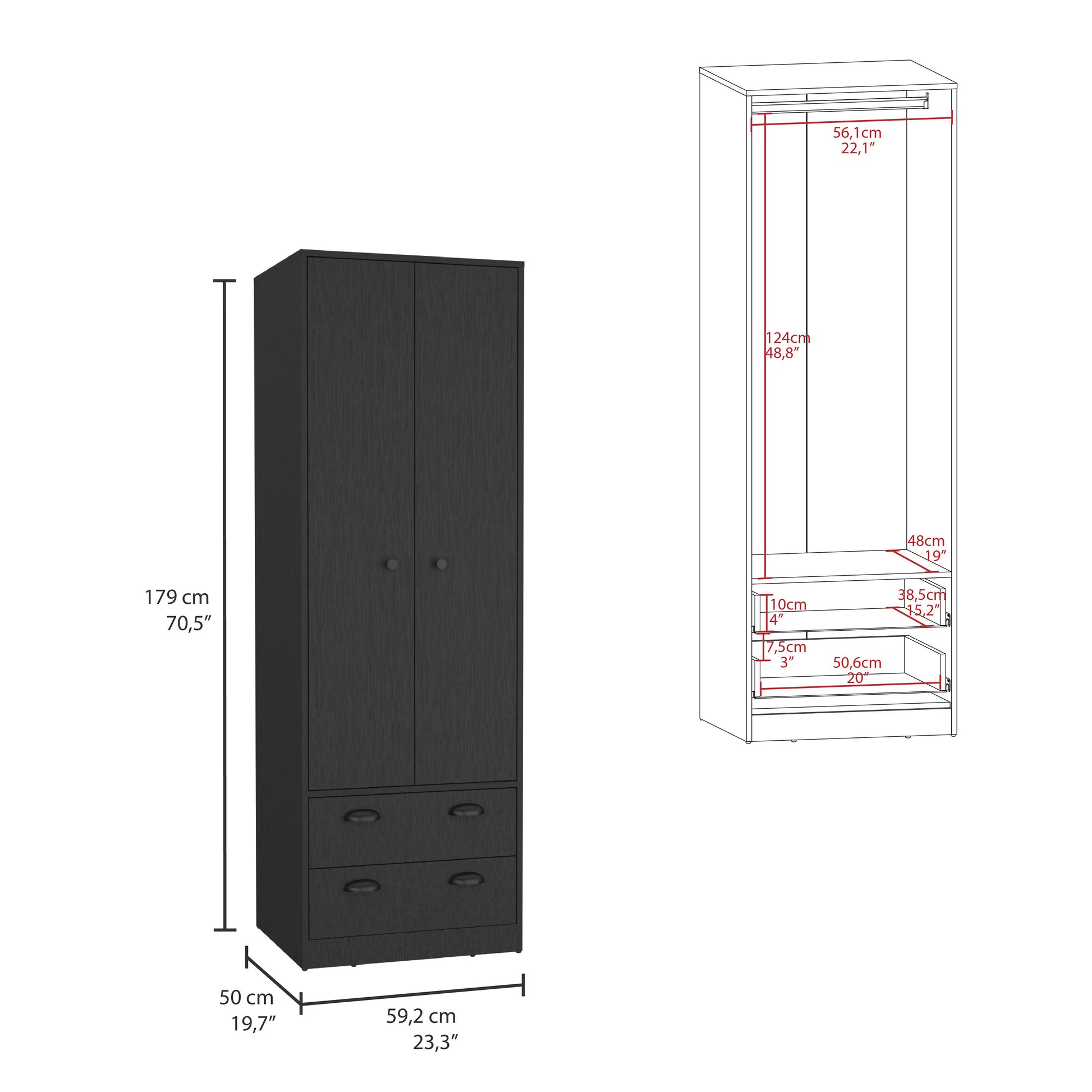 St Monans Armoire With Double Door And 2 Drawers Black Black Bedroom Modern Particle Board Particle Board