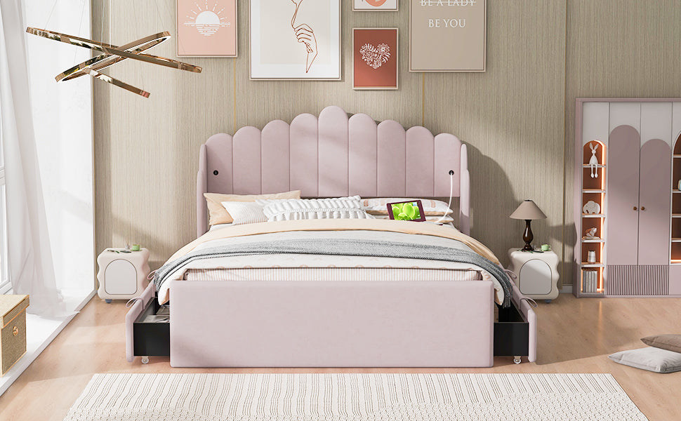 Full Size Upholstered Platform Bed With 4 Drawers And 2 Usb, Pink Box Spring Not Required Full Pink Wood Bedroom Bed Frame Polyester Upholstered