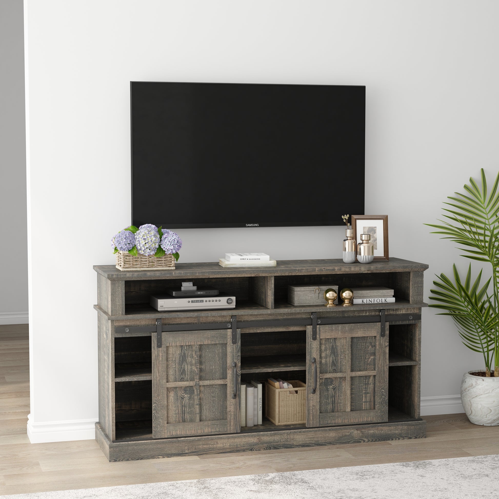 58 Inch Tv Stand With Storage Cabinet And Shelves, Tv Console Table Entertainment Center For Living Room,Bedroom Old Pine 50 59 Inches Particle Board