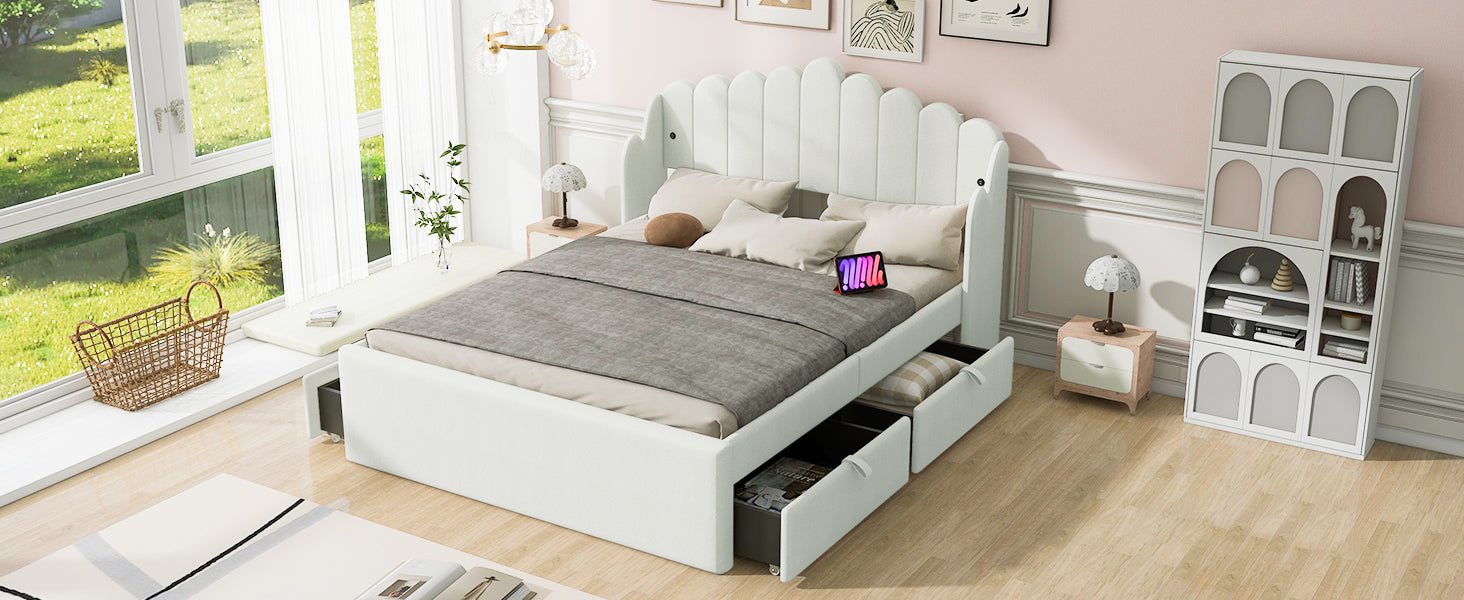 Full Size Upholstered Platform Bed With 4 Drawers And 2 Usb, Beige Box Spring Not Required Full Beige Wood Bedroom Bed Frame Polyester Upholstered