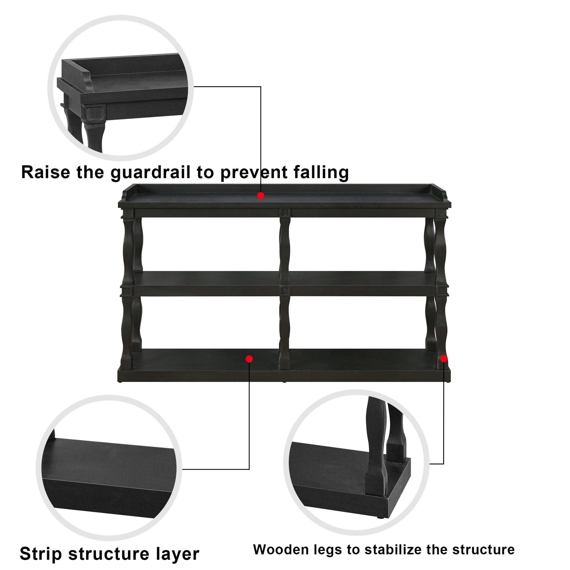 Console Table With 3 Tier Open Storage Spaces And Roman Column Effect Support Legs,Narrow Sofa Entry Table For Living Room, Entryway And Hallway Black Black Primary Living Space Floor Mount Console Tables Glossy Mdf Mdf