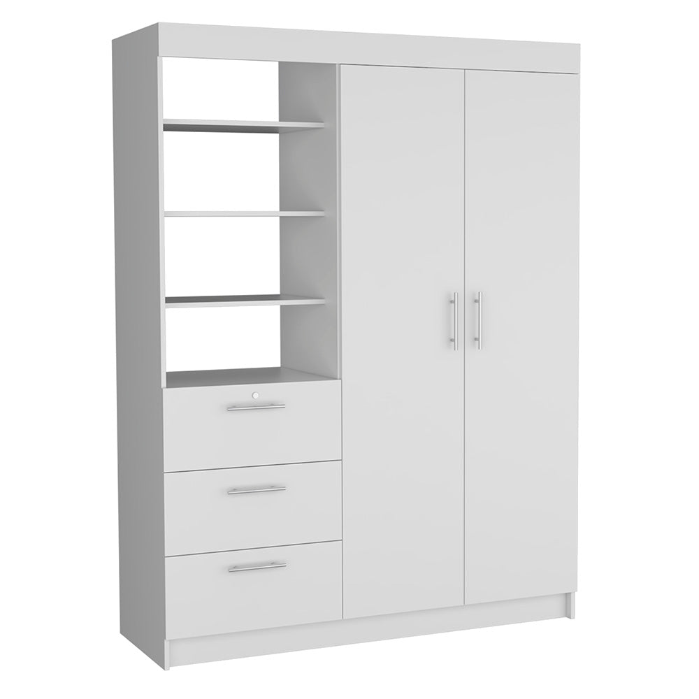 Kenya 3 Drawers Armoire, Double Door, 3 Tier Shelf White White Particle Board Particle Board