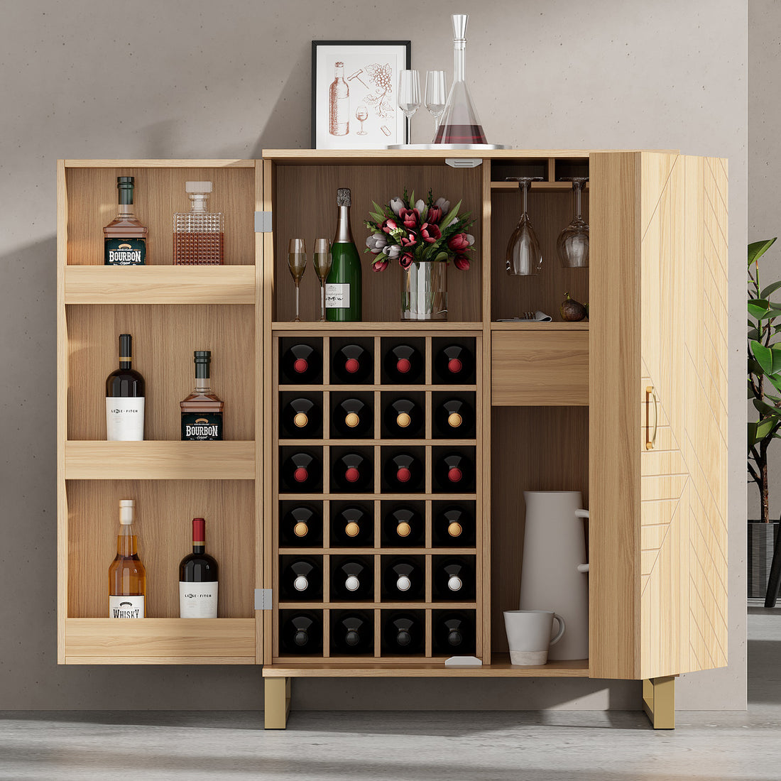 42.5" Modern Home Bar Cabinet Carved Wine Cabinet With Storage Natural Dining Room Contemporary Mdf