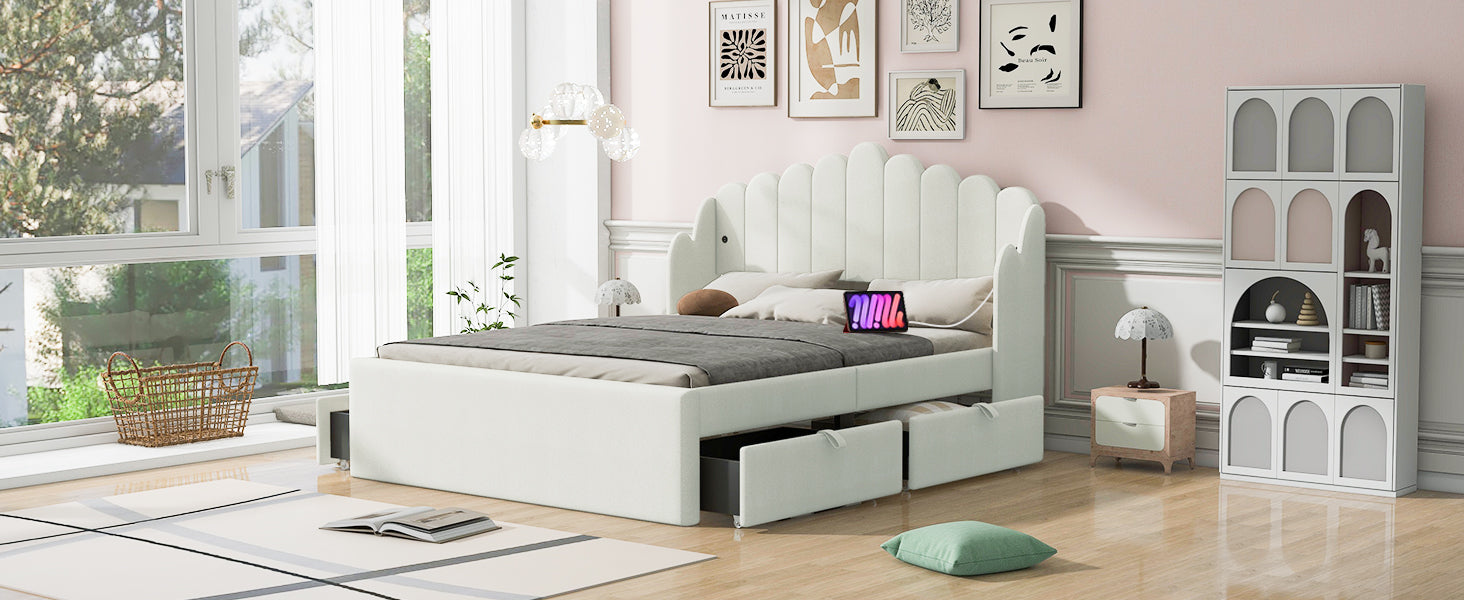 Full Size Upholstered Platform Bed With 4 Drawers And 2 Usb, Beige Box Spring Not Required Full Beige Wood Bedroom Bed Frame Polyester Upholstered