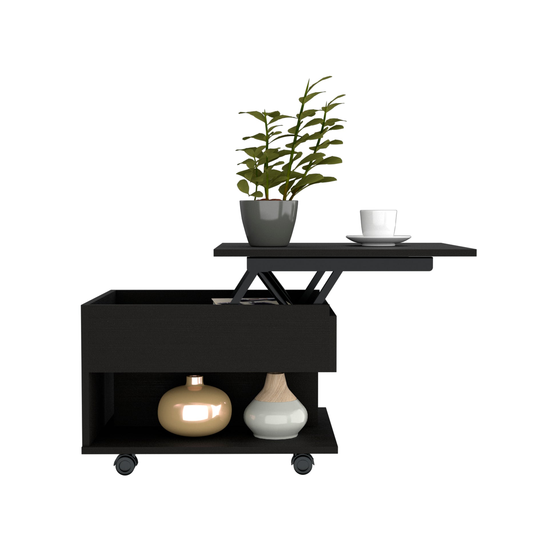 15" H Black Coffee Table, 4 Brake Wheels, Lifting Top That Allows Storage Inside The Table, 1 Lower Shelf And 1 Vertical Division That Allows You To Decorate With Photos, And Design Books Black Particle Board Particle Board