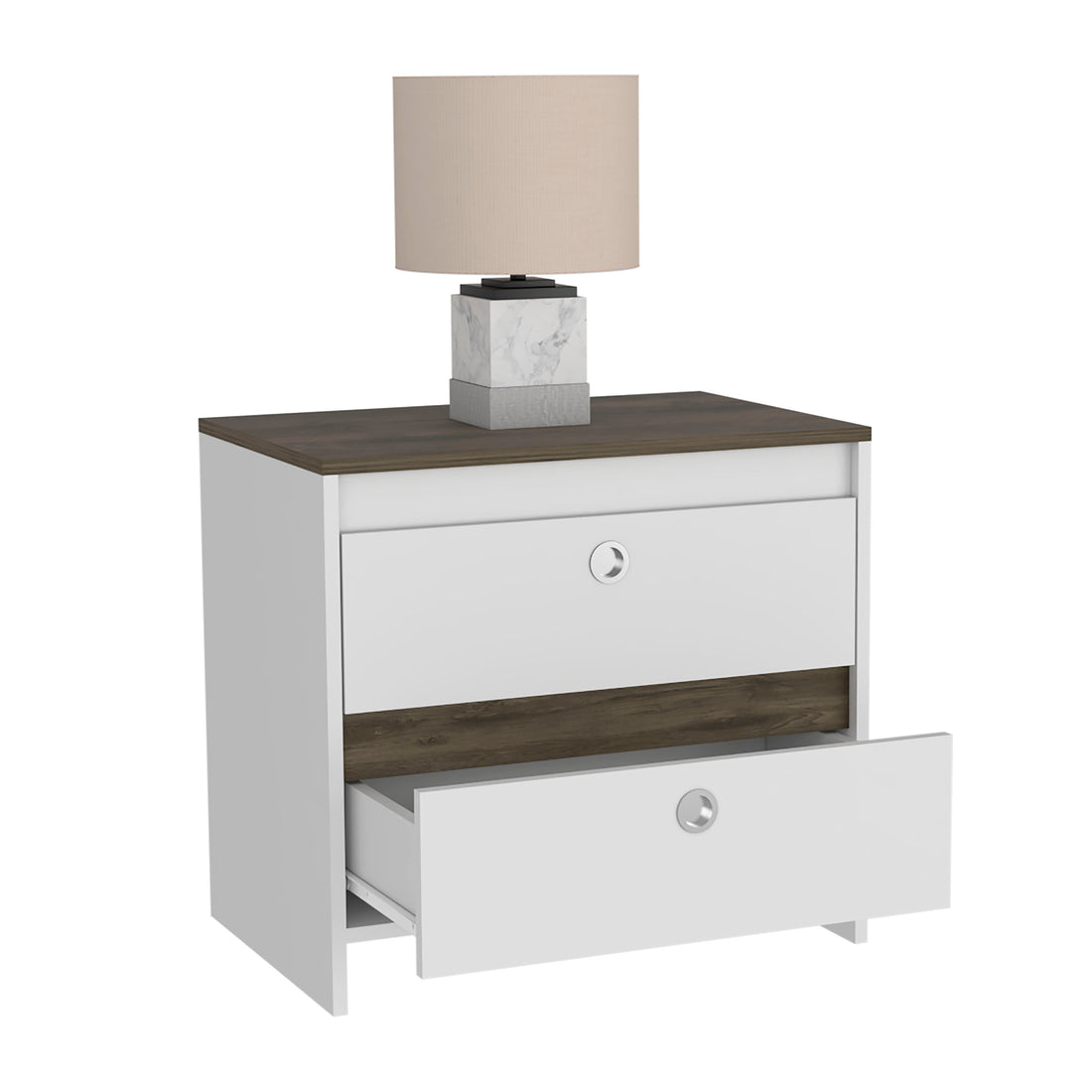 Nightstand 22" H, Two Drawers, Superior Top, Metal Handle, White Dark Brown Multicolor Particle Board Particle Board