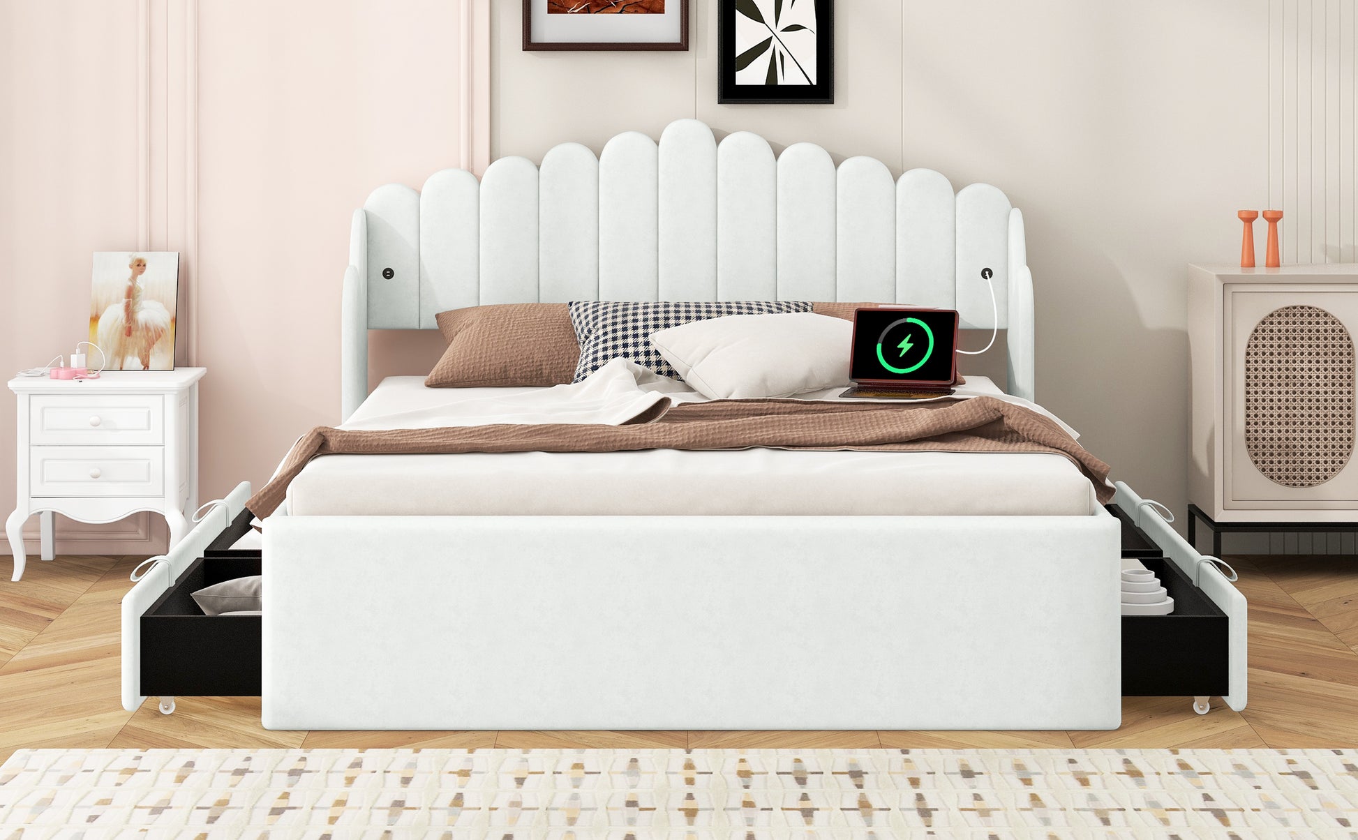 Queen Size Upholstered Platform Bed With 4 Drawers And 2 Usb, Beige Box Spring Not Required Queen Beige Wood Bedroom Bed Frame Polyester Upholstered