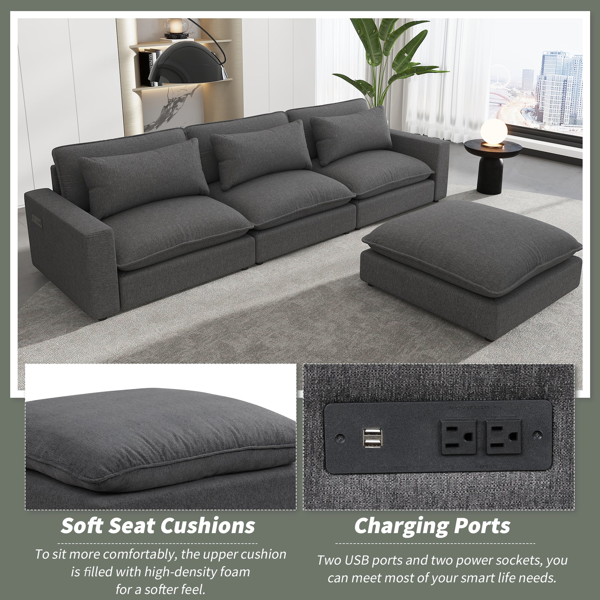 128" Sectional Sofa Cloud Sofa Chenille Upholstered Sofa Couch With Movable Ottoman, Comfortable Seat Cushions, Charging Ports And Three Back Pillows For Living Room, Grey Grey Foam Chenille 4 Seat